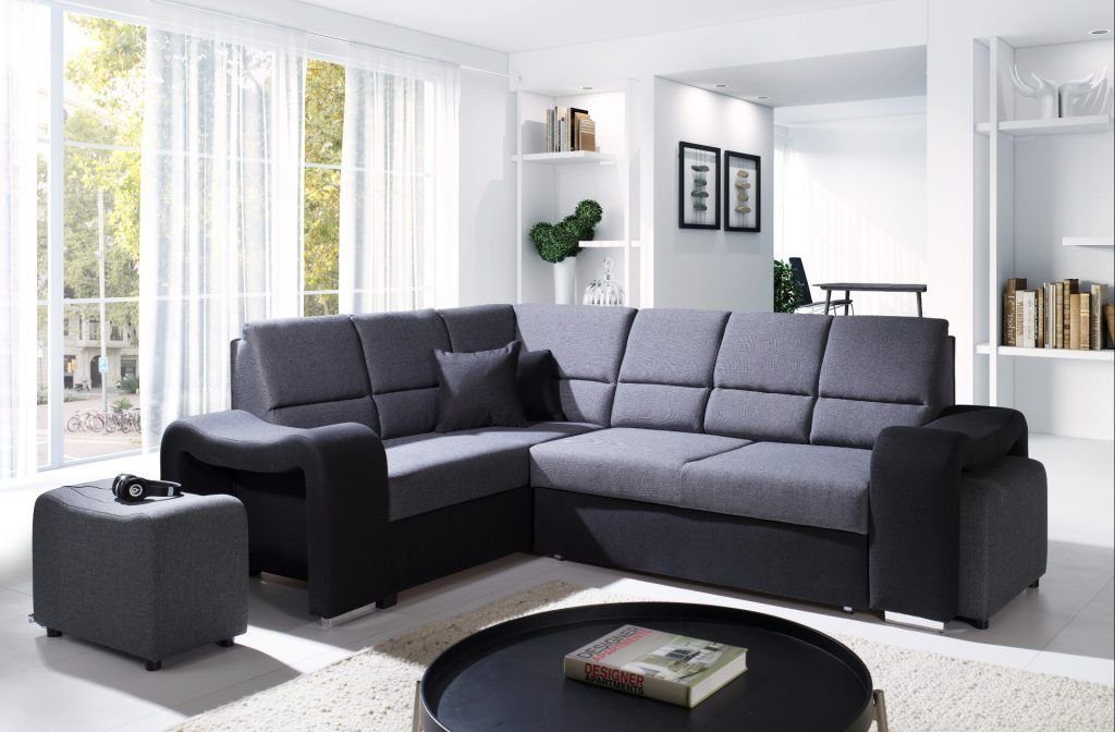 JVmoebel Ecksofa Sofa Schlafsofa Designer Bettkasten Sofa Grau/Blau + mit Bettfunktion Ecksofa, Bettfunktion Mit