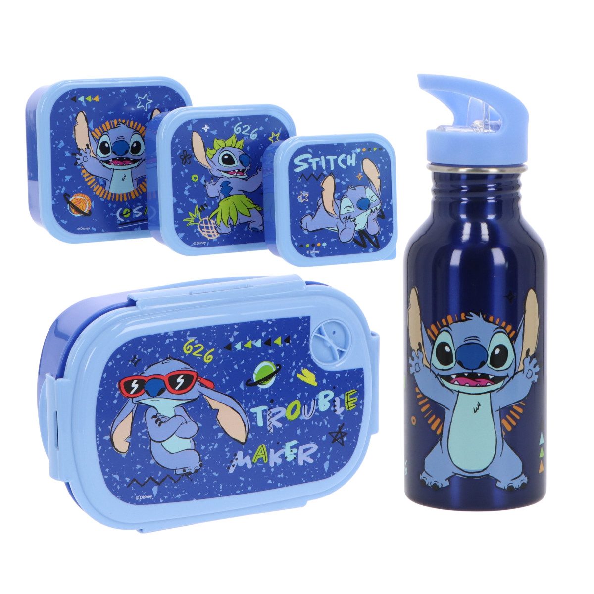 Textiel Trade B.V. Lunchbox Disney Lilo & Stitch Lunchpaket 5-tlg. Brotdose Trinkflasche Snackbox, Plastik, (4x Brotdose, 1x Flasche)