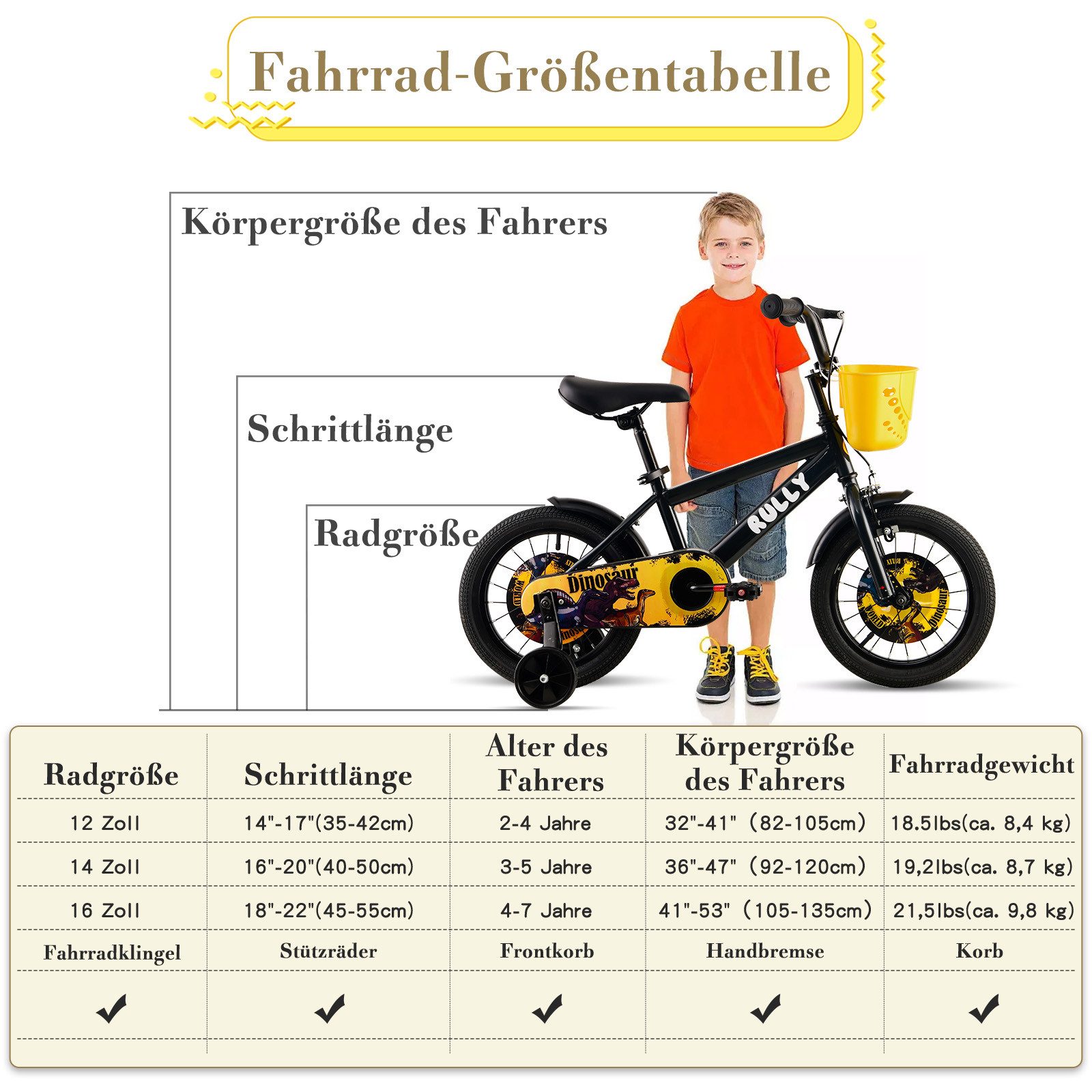 Vankel Kinderfahrrad 12-16 Zoll, ab 2 Jahren, BMX-Design, mit Stützrädern & Rücktrittbremse, 1 Gang, Jungenfahrrad mit Korb, Schutzbleche, Kettenschutz – Bild 5 von 5