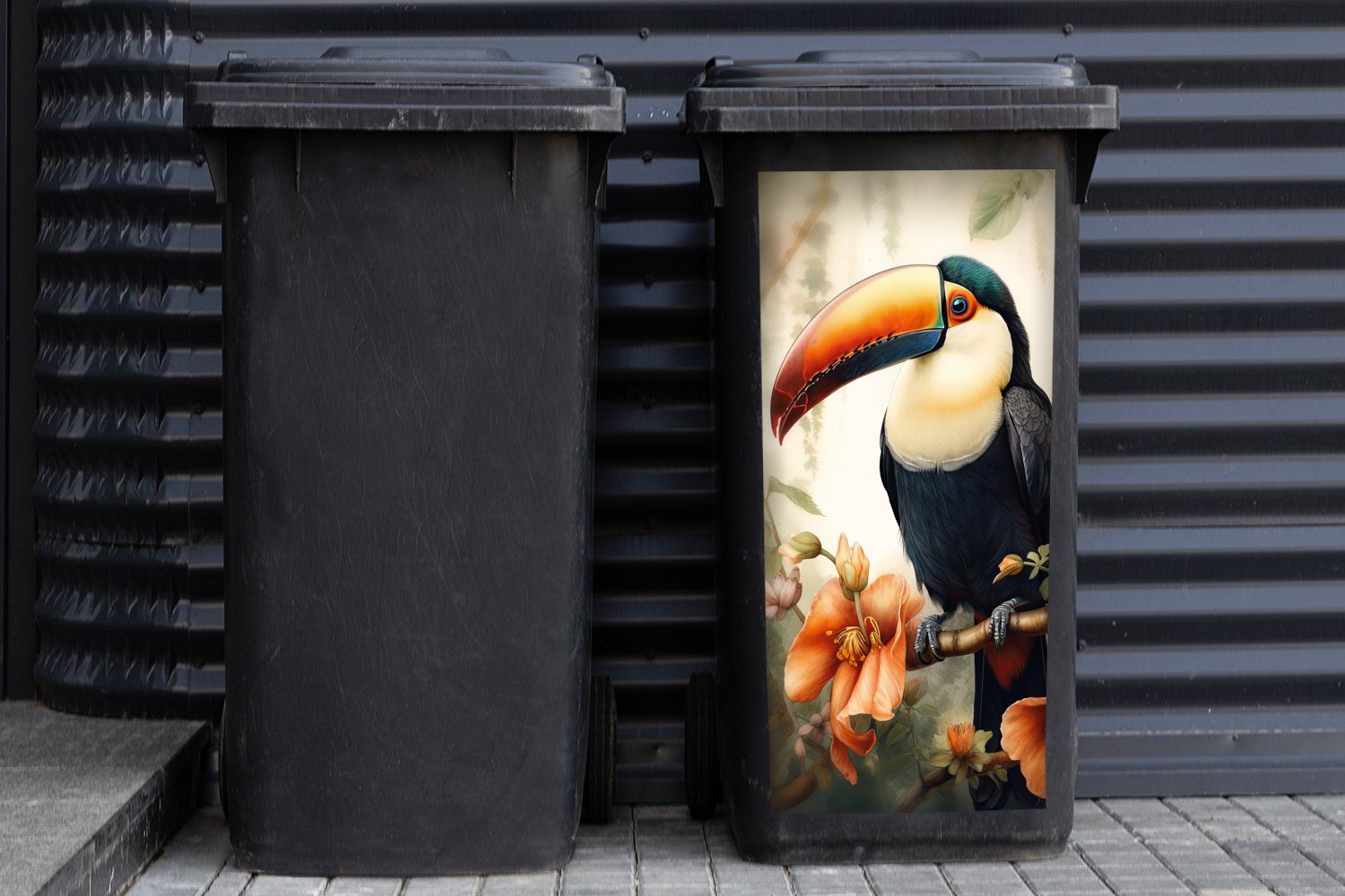 Vogel (1 Mülleimer-aufkleber, Container, St), Abfalbehälter MuchoWow Sticker, Blumen - Wandsticker Pflanzen Tukan - Mülltonne, -