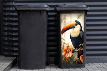 MuchoWow Wandsticker Tukan - Vogel - Blumen - Pflanzen (1 St), Mülleimer-aufkleber, Mülltonne, Sticker, Container, Abfalbehälter