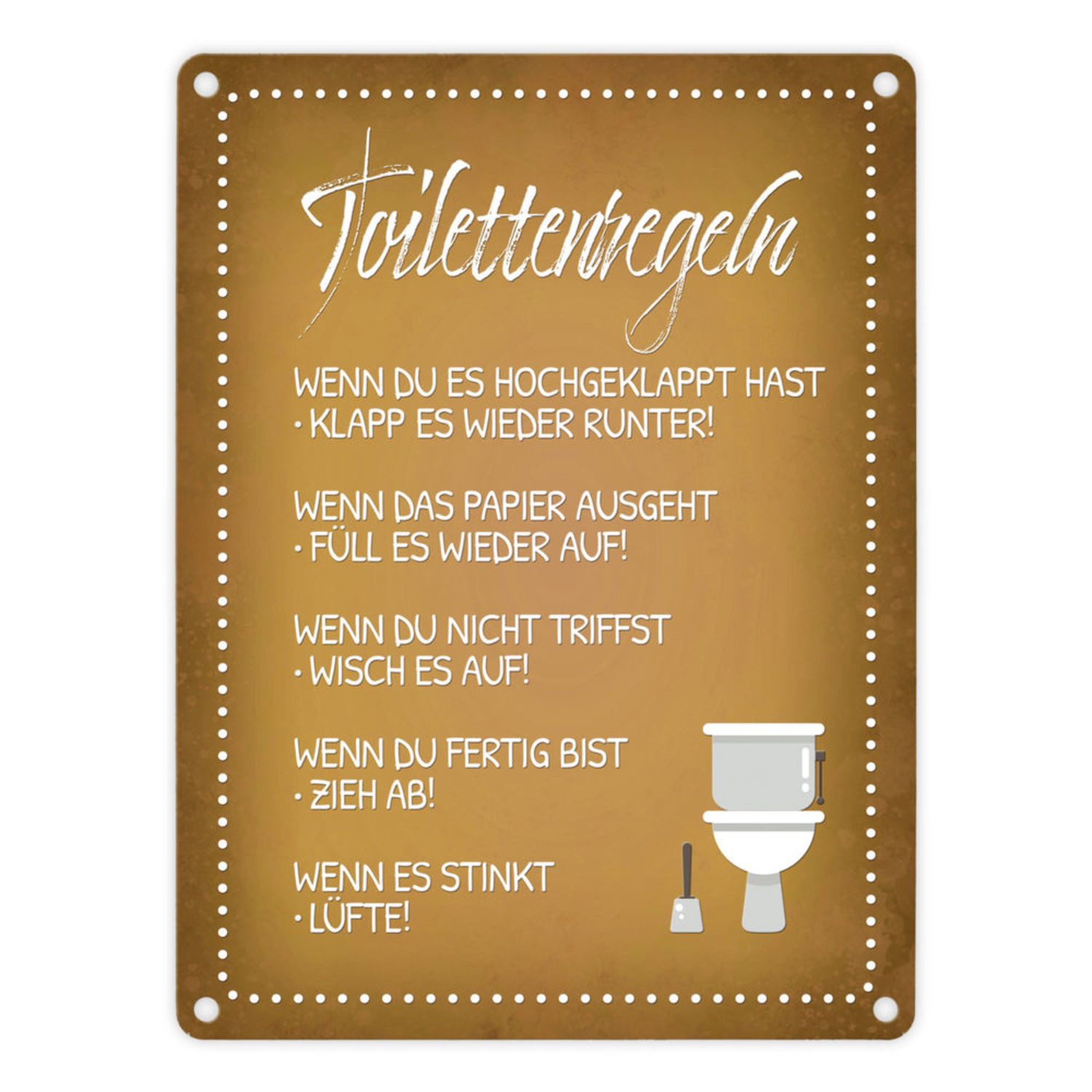 Metallschild Toilettenregeln Metallschild in gelb mit Toilette Motiv Klo Hygiene