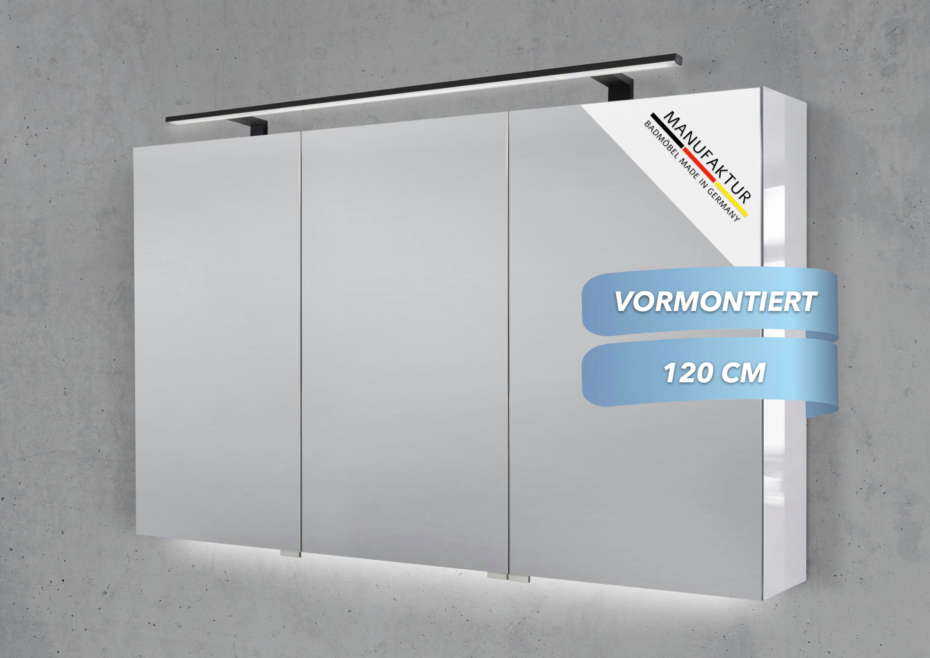 Intarbad Badezimmerspiegelschrank 3-türiger Spiegelschrank mit MULTI LED Aufsatzleuchte, dimmbar (Doppelspiegeltüren, Holz-/ Lackdekore, Maße von 120 bis 140 cm wählbar, Höhe 70 cm, Glasfachböden, Magnetleiste & Kosmetikspiegel Ø 12 cm) Vormontierte Lieferung, Floatglas, 160 kg Traglast, Made in Germany