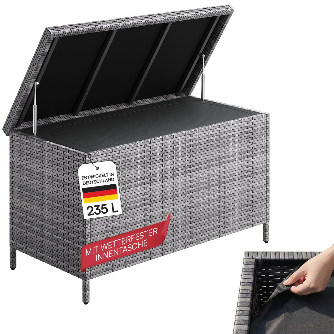 STEELSØN Aufbewahrungsbox Serion Gartenkiste aus Polyrattan (grau, 110 x 55 x 60 cm), herausnehmbare Innenplane, wetterfeste Gartenbox mit Metallgestell