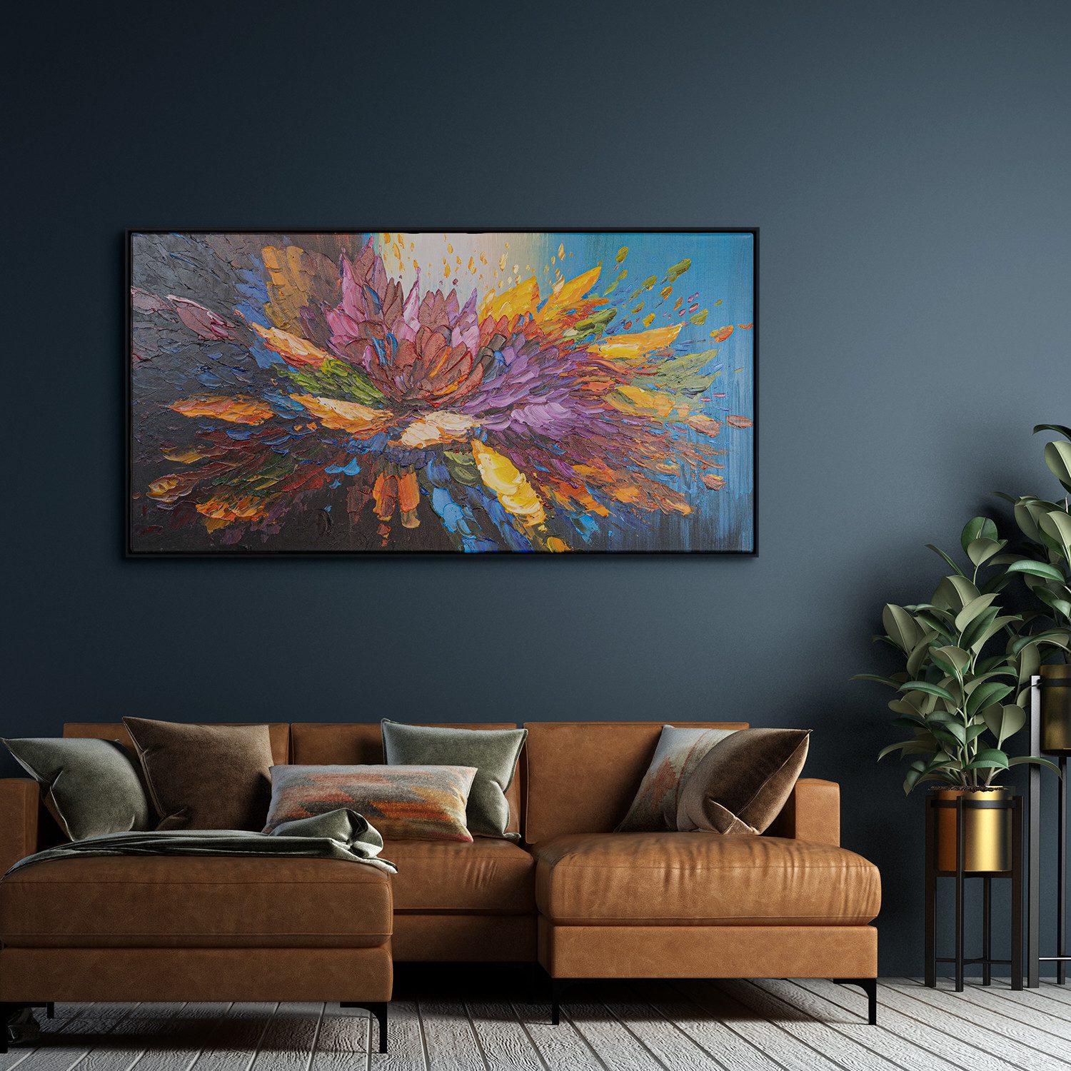 AUREDAS Gemälde "Tanz der Farben", Gemälde, 120x60cm, Rahmen schwarz, Abstrakt, Blüte, Gemälde mit Strukturpaste und Acrylfarbe, Panorama Format