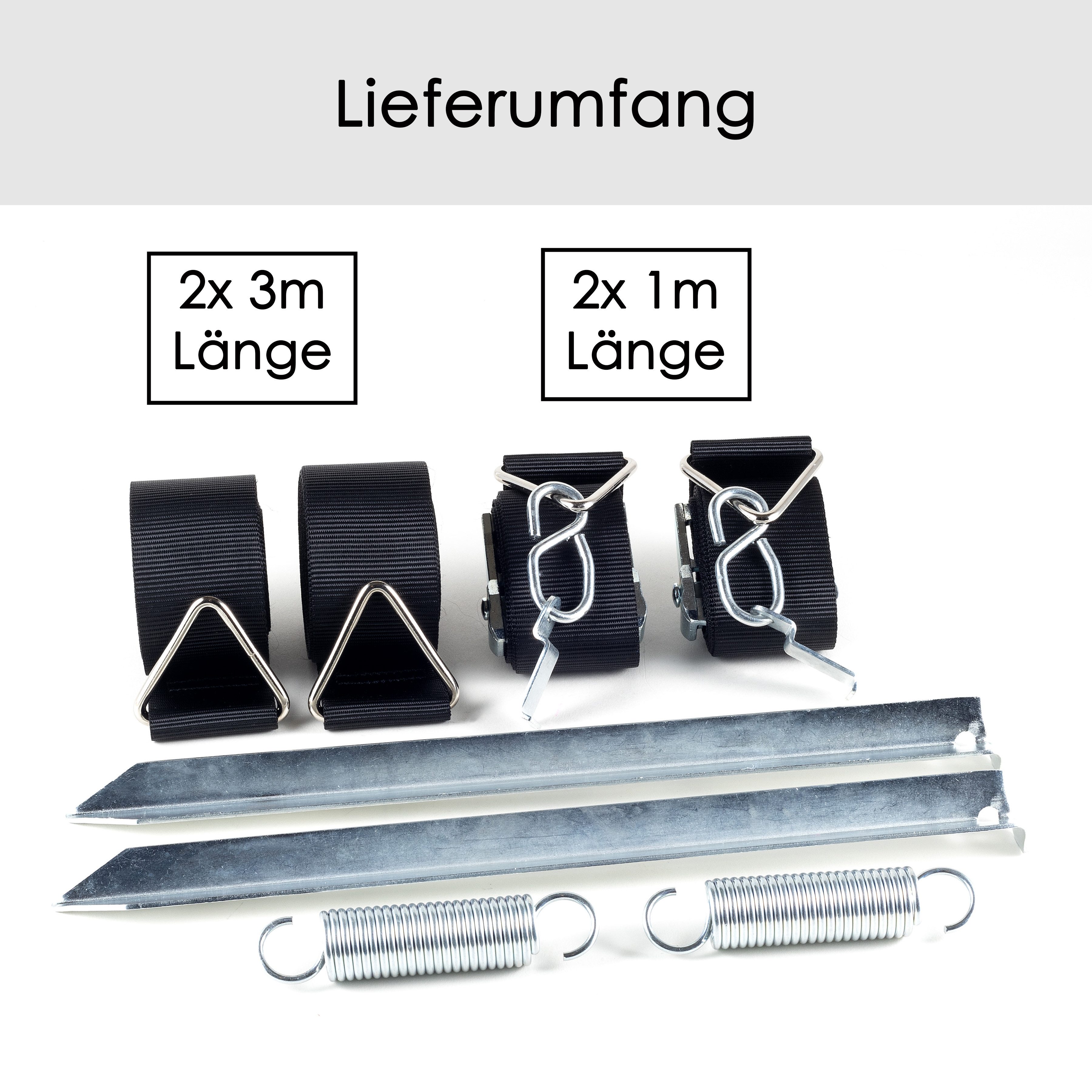 HomeBee Markisenvorzelt Sturmband Markise Set, Personen: 10 (Praktisches Sicherungsset, 8 tlg., 2 Erdanker, 2 Spanngurte, 2 Federn), Speziell für Thule Omnistor Vorzelte & Markisen