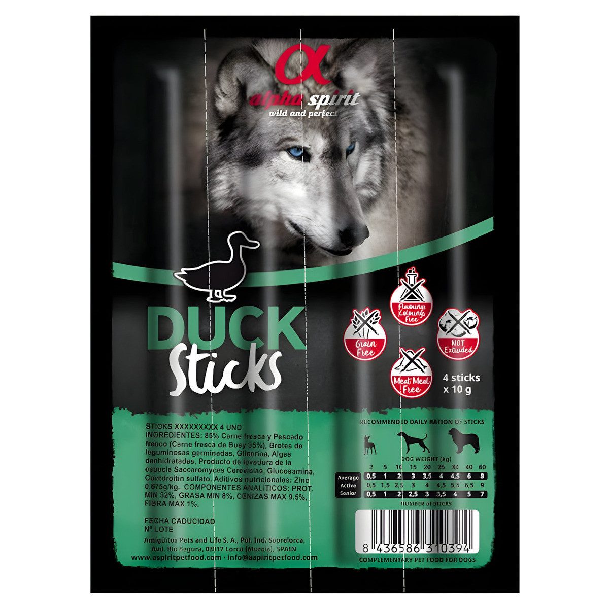 Alpha Spirit Stick Ente 4er Pack, Snack für: Hund