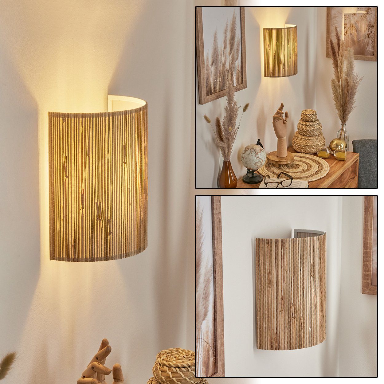 hofstein Wandleuchte »Arenabianca« Wandlampe im Boho-Design, Metall/Seegras, Schwarz/Natur, ohne Leuchtmittel, Wandspot m. rundem Schirm ausSeegras, Up&Down-Effekt an der Wand, E27