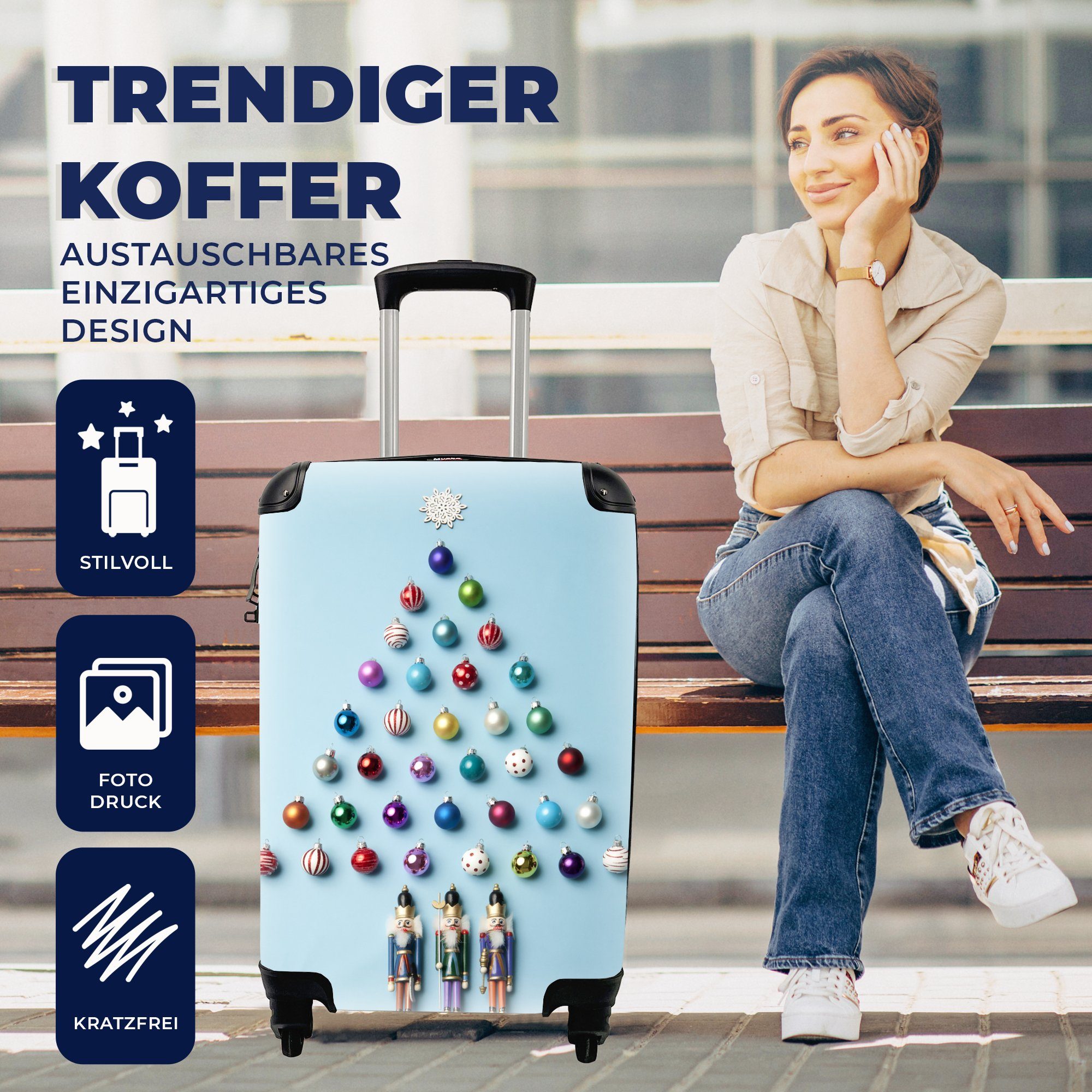 hellblauem rollen, Handgepäck Reisekoffer 4 Rollen, Trolley, Reisetasche mit Weihnachtsbaum MuchoWow Handgepäckkoffer Ferien, aus auf Hintergrund, Kugeln Ein für