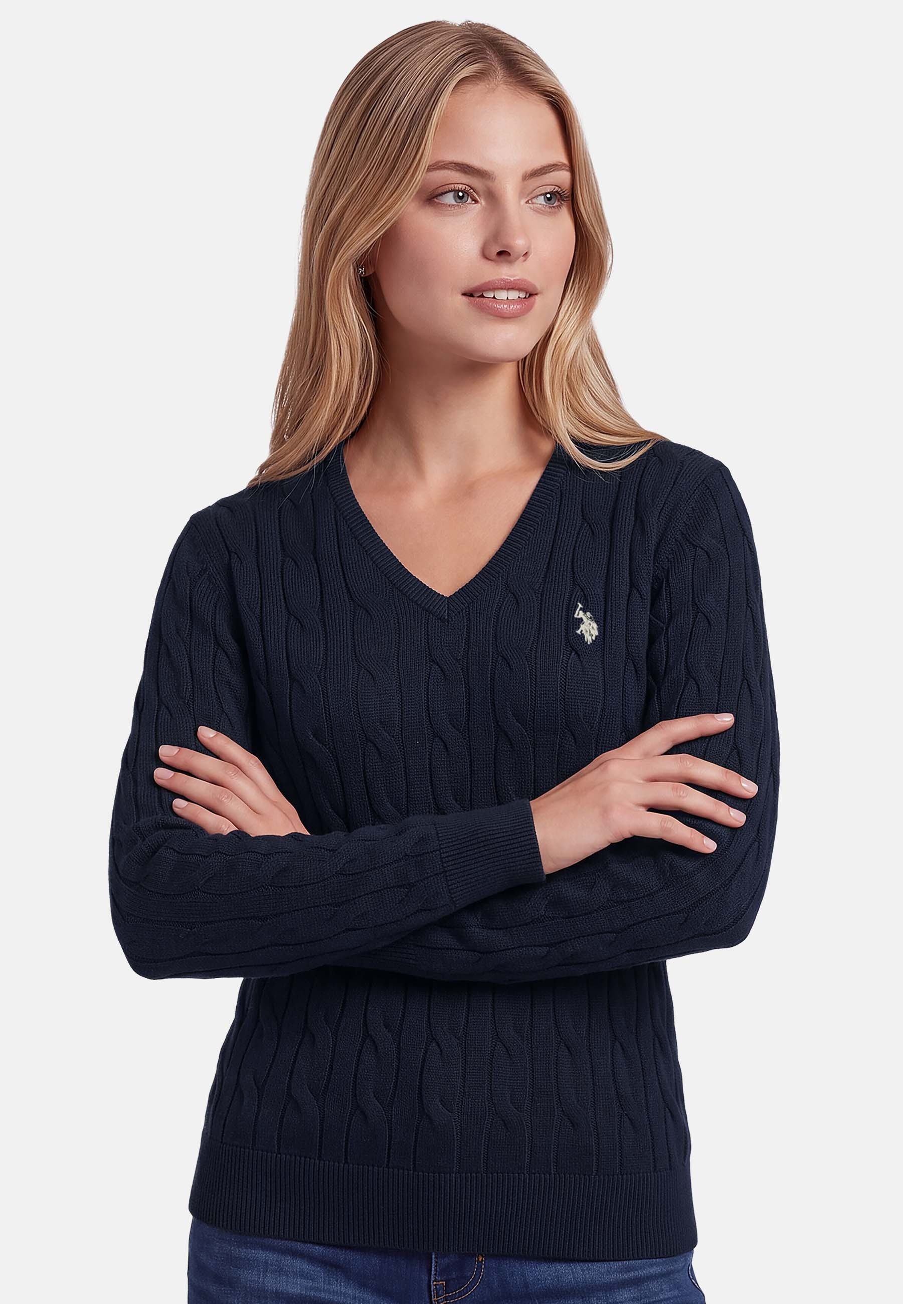 U.S. Polo Assn. Rundhalspullover mit Zopfmuster und V-Ausschnitt Klassischer Strickpullover mit Rippbündchen und dezenter Logostickerei – Bild 2 von 5