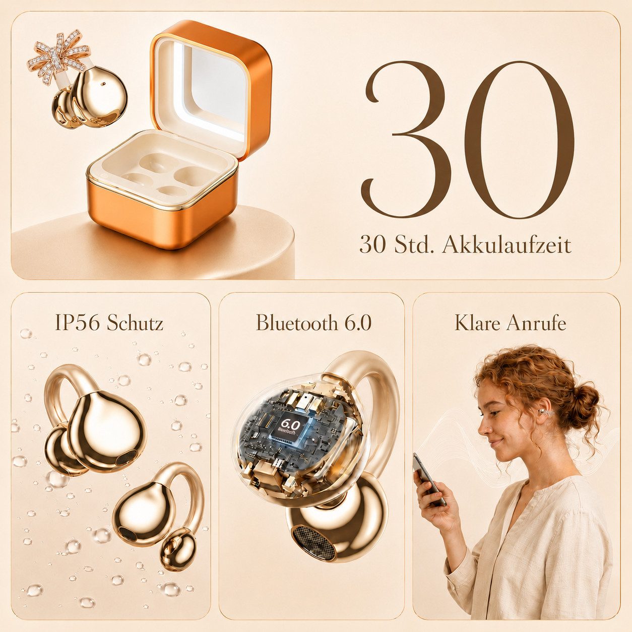 Futicare Kabellose Clip-On Bluetooth Kopfhörer mit Mikrofon,30 Std. Akku, IP56, Open-Ear-Kopfhörer (Bluetooth 6.0 Ohrclip Earbuds mit Spiegel-Ladebox, LED-Licht – Bild 4 von 5