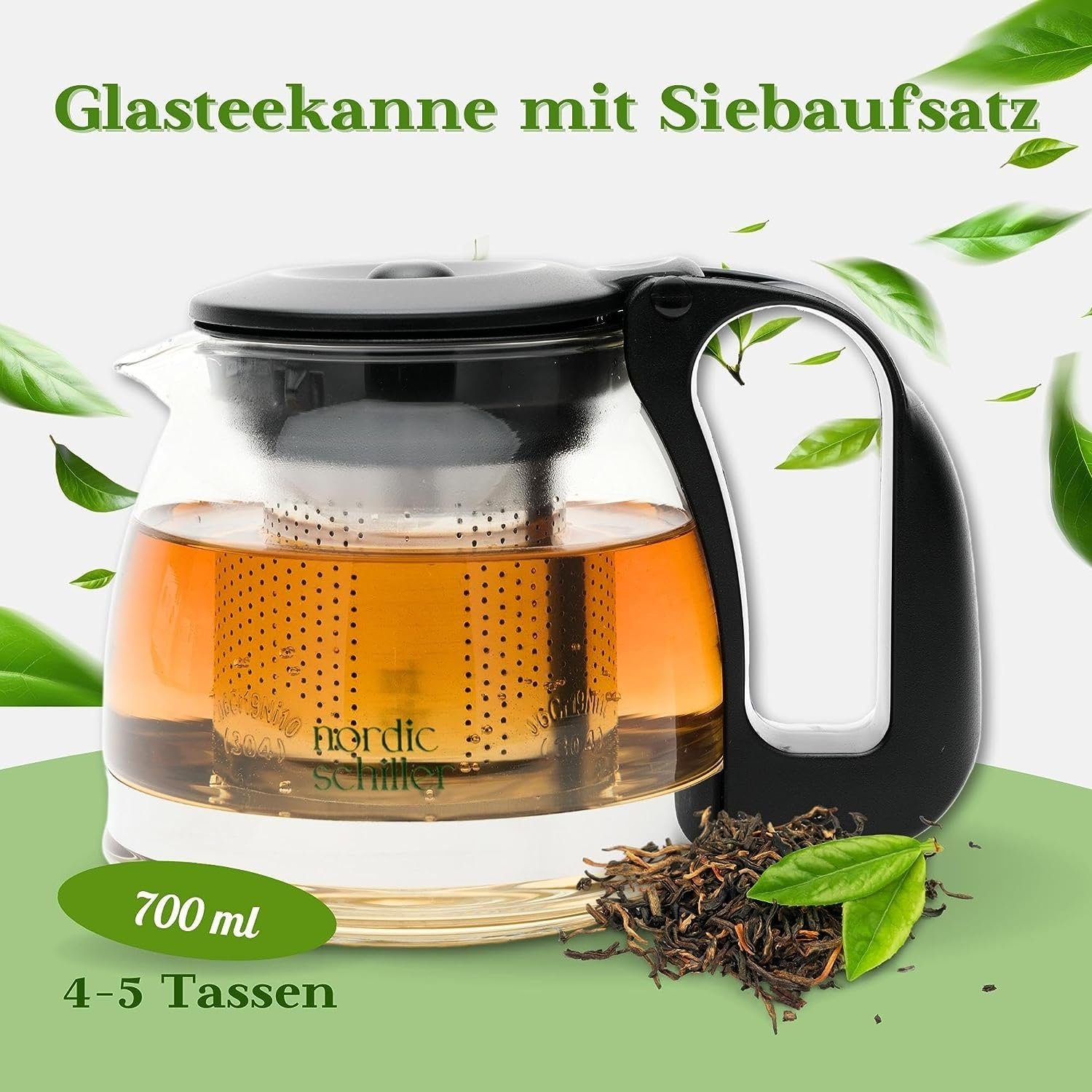 Nordic Schiller Teekanne Premium Teekanne Glas, Hitzebeständig Glaskanne mit Siebeinsatz, 0.7 l, Hitzebeständig Glaskanne mit Deckel, geeignet für Spülmaschine