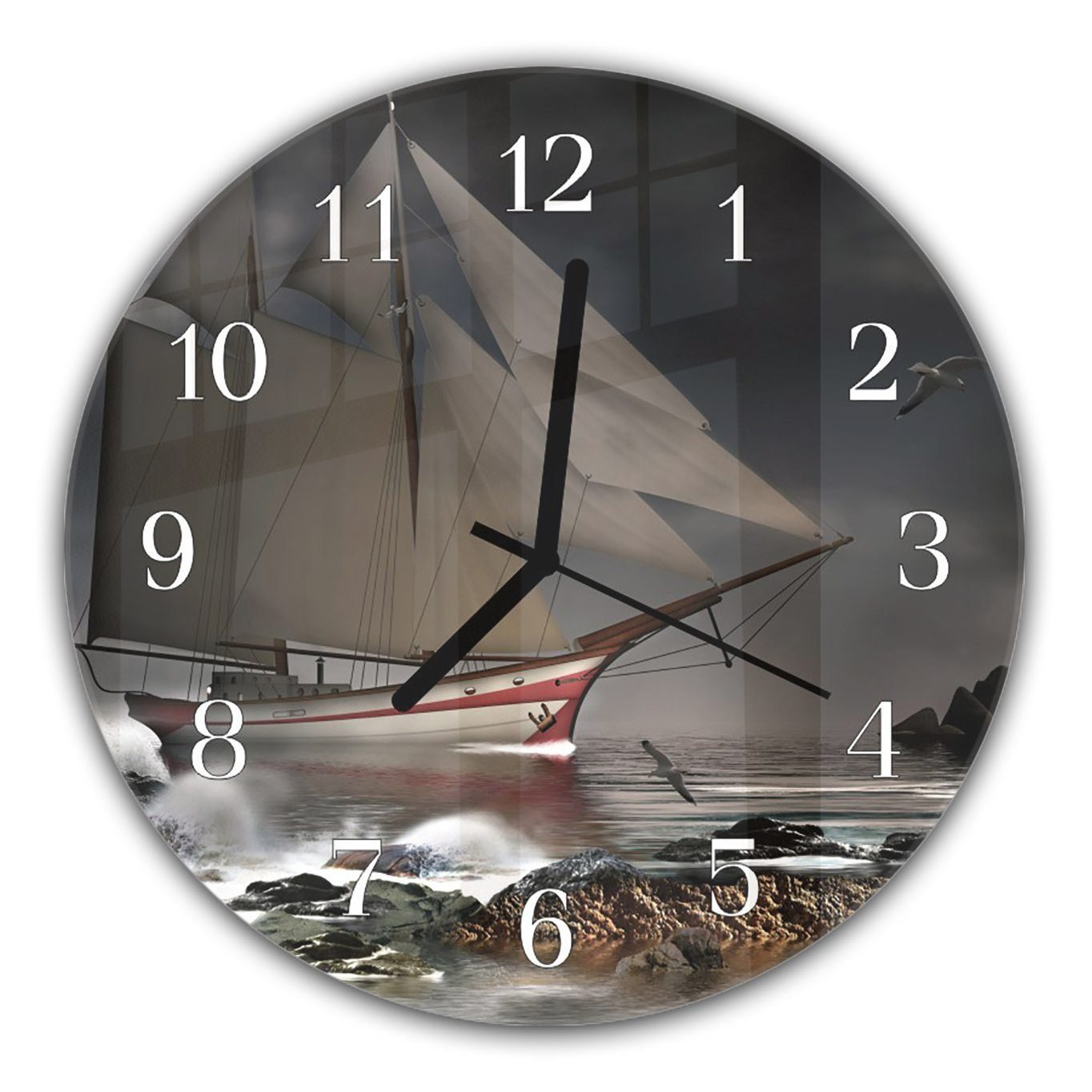 Primedeco Wanduhr Wanduhr aus Glas mit Motiv Selgelschiff auf hoher See - Rund mit Durchmesser 30 cm und Quarzuhrwerk