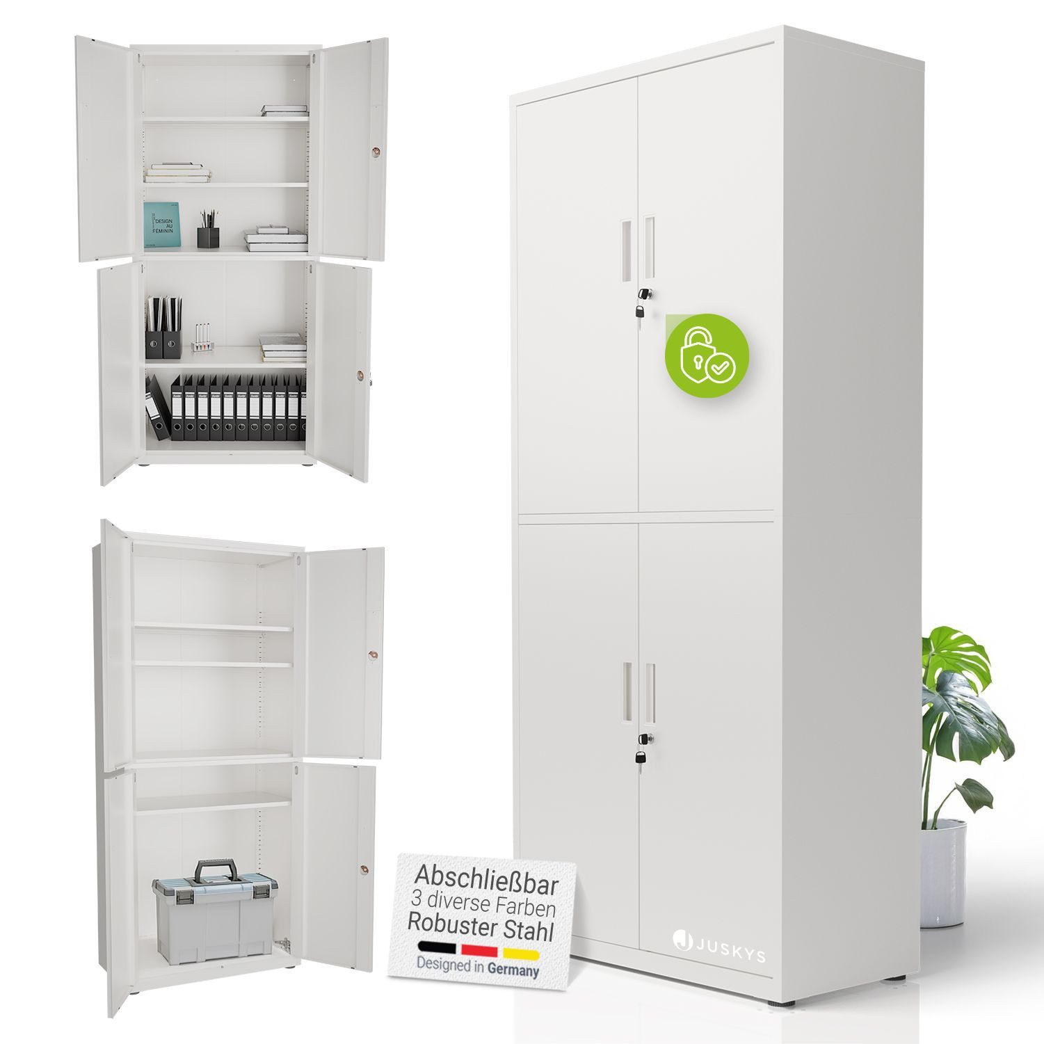 Juskys Aktenschrank abschließbarer Metallschrank, 2 Schlüssel, 3 Einlegeböden für je 45kg