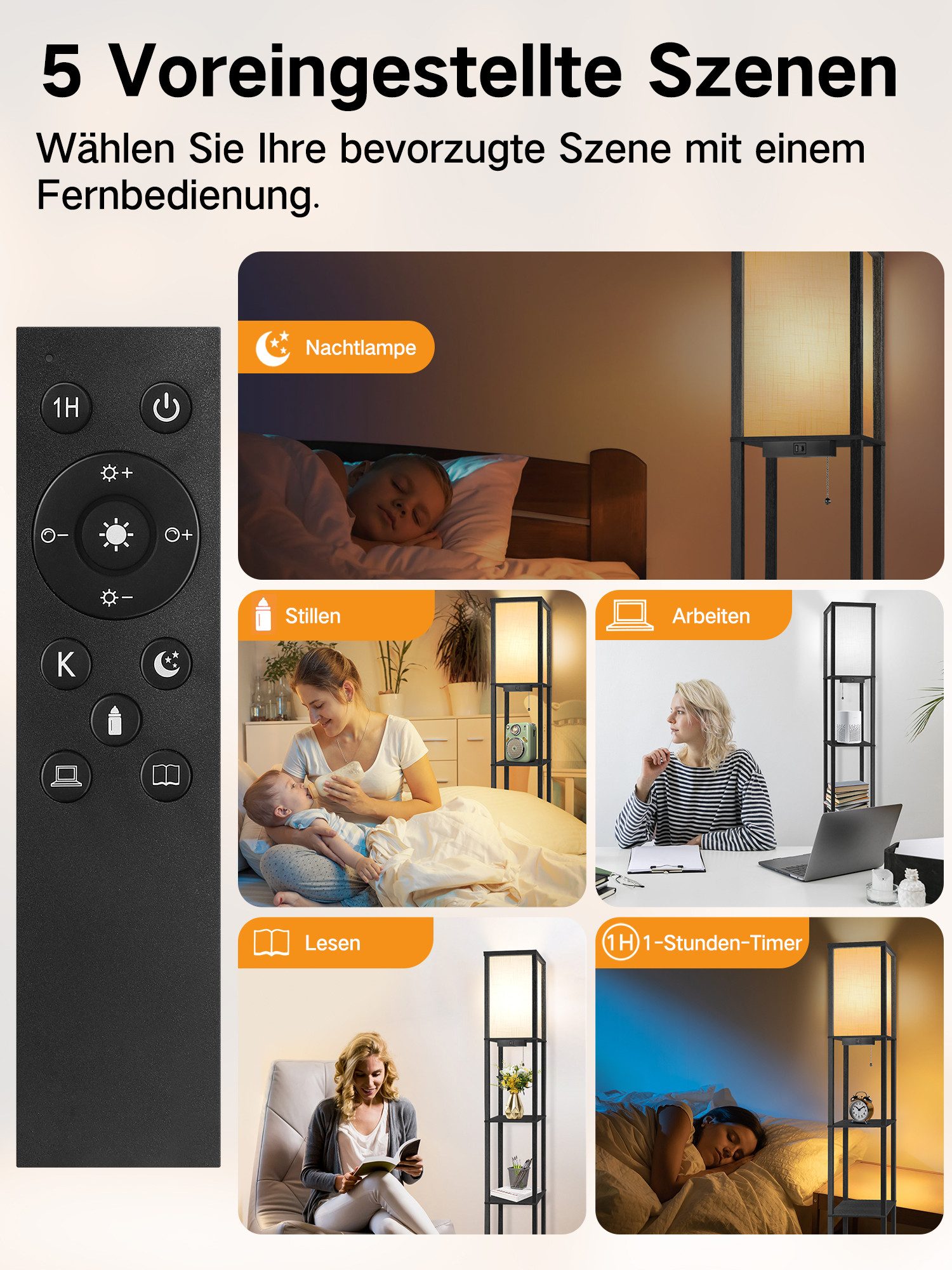 OUTON LED Stehlampe Regal mit Fernbedienung, 2 USB-Anschlüsse und 1H Timer, LED wechselbar, mit eleganter Holzoberfläche und Leinenschirm – Bild 4 von 5