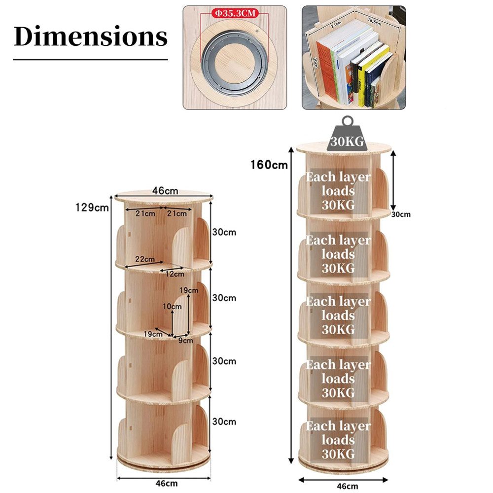 NUODWELL Bücherregal 4/5 Etagen Massivholz Drehbares Bücherregal Standregal günstig online kaufen