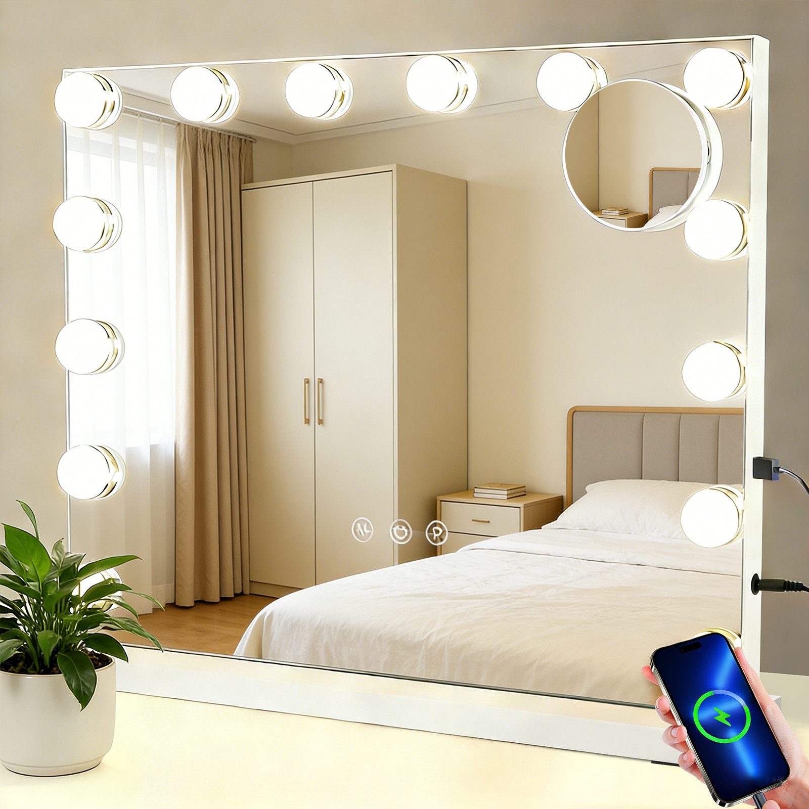 Nettlife Schminkspiegel Licht 50x40cm Spiegel 3 Farben USB Touch-Steuerung Hollywood Spiegel (3-farbig einstellbares Licht mit Memory-Funktion, 1-St., Touchscreen), 5 Facher Vergrößerung Spiegel USB Anschluss für Ankleidezimmer