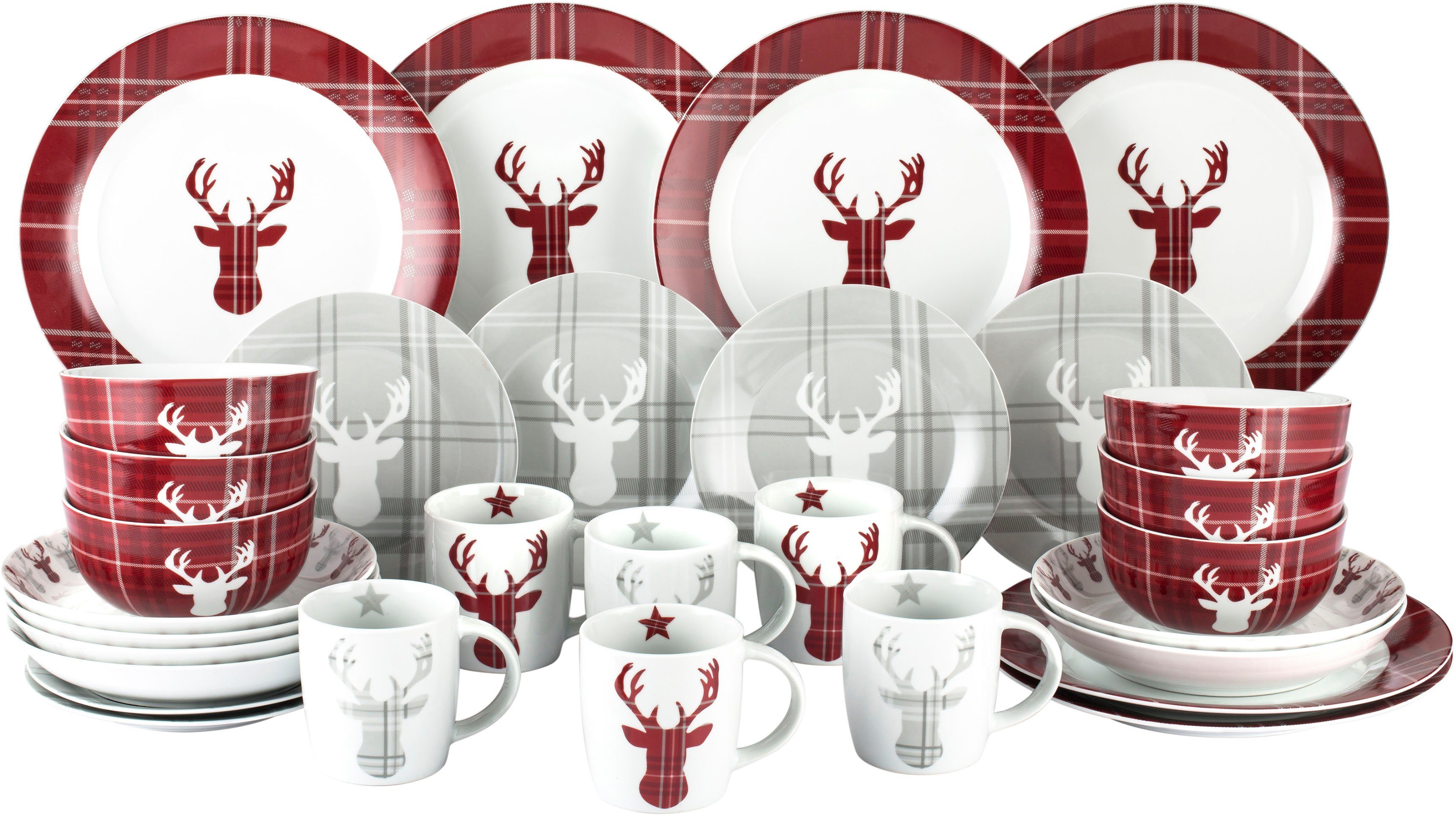 Retsch Arzberg Kombiservice Geschirr-Set, Service HIGHLAND STAG, Winter, Advent, Weihnachten (30-tlg), 6 Personen, Porzellan, Hirsch trifft Schottenkaro, 30 Teile, für 6 Personen