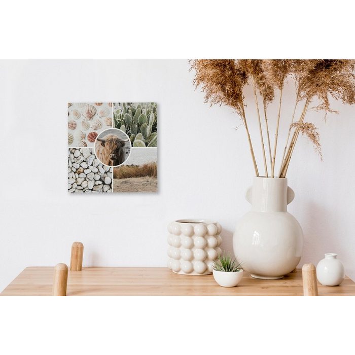 OneMillionCanvasses® Leinwandbild Schottischer Highlander - Collage - Steine - Sand (1 St) Leinwand Bilder für Wohnzimmer Schlafzimmer