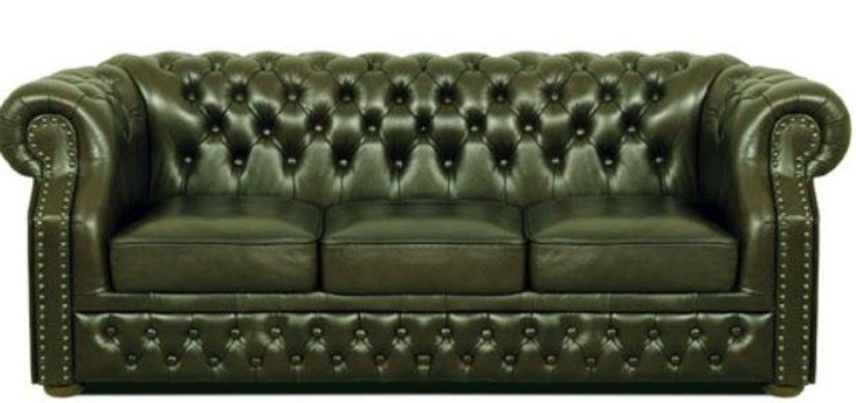 Casa Padrino 3-Sitzer Luxus Echtleder 3er Sofa Dunkelgrün 210 x 90 x H. 80 cm - Chesterfield Sofa