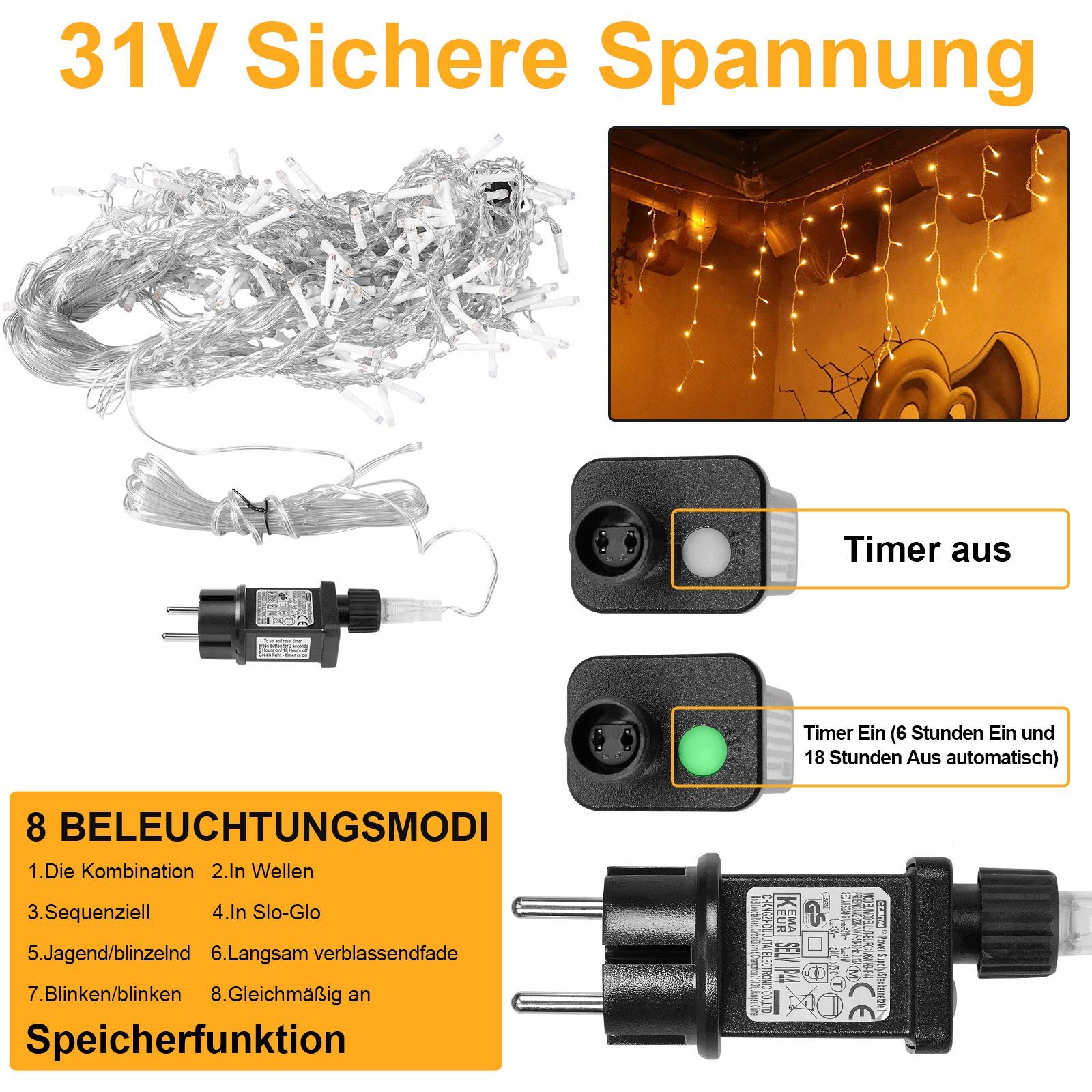 Rosnek Lichtervorhang 31V, 5-15M, 8 Modi, Timer, für Weihnachten Dach Fenster, 200-flammig, Eiszapfen, Speicherfunktion, für Hochzeit Haus Dekorationen