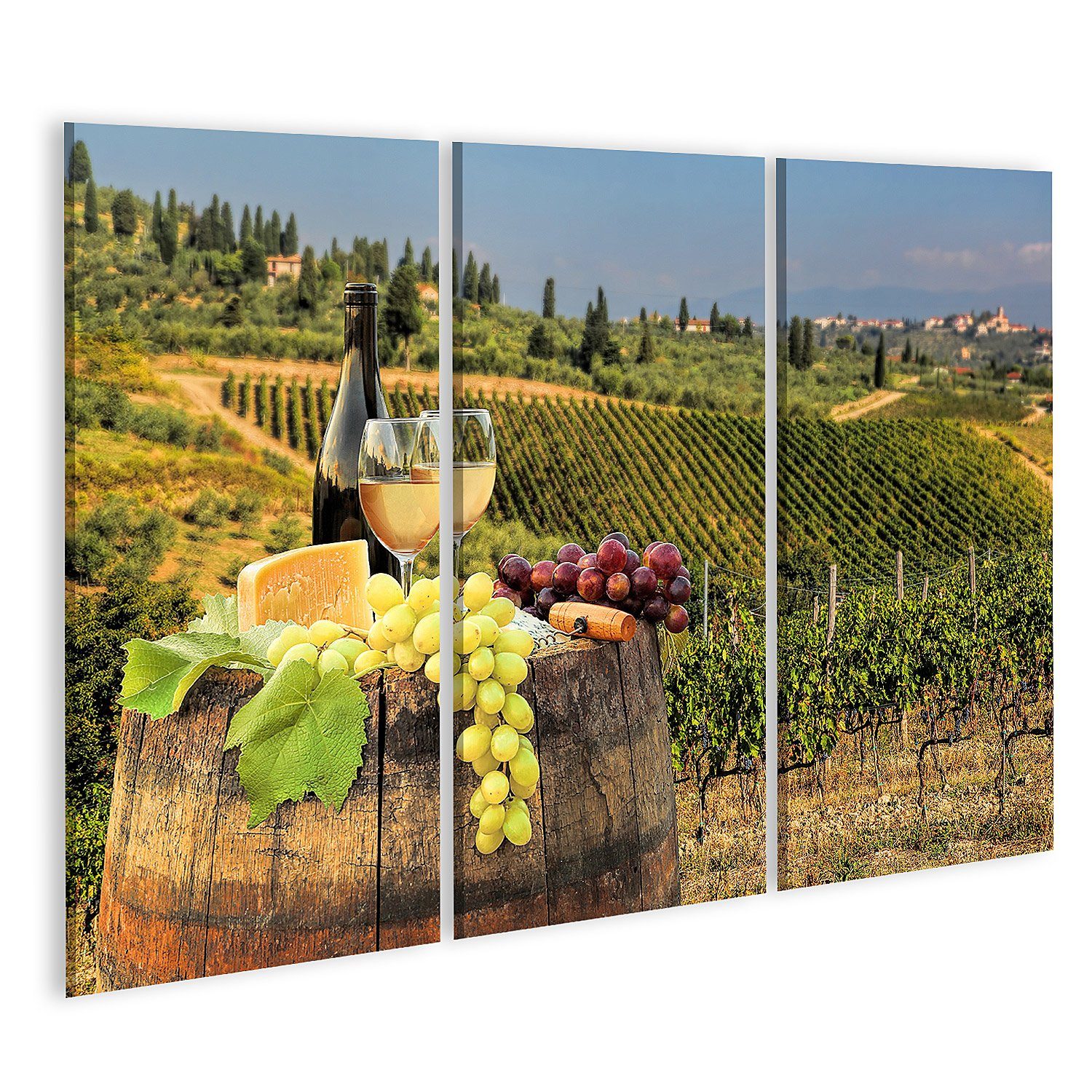 Leinwandbild Bild auf Leinwand Weißwein mit Fass auf Weinberg in Chianti Toskana It