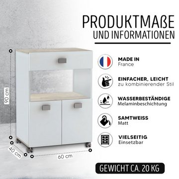 habeig Küchenwagen Singleküche Weiss Akazie/Grau Küchentrolley Rollen Schublade Küche, rollbar