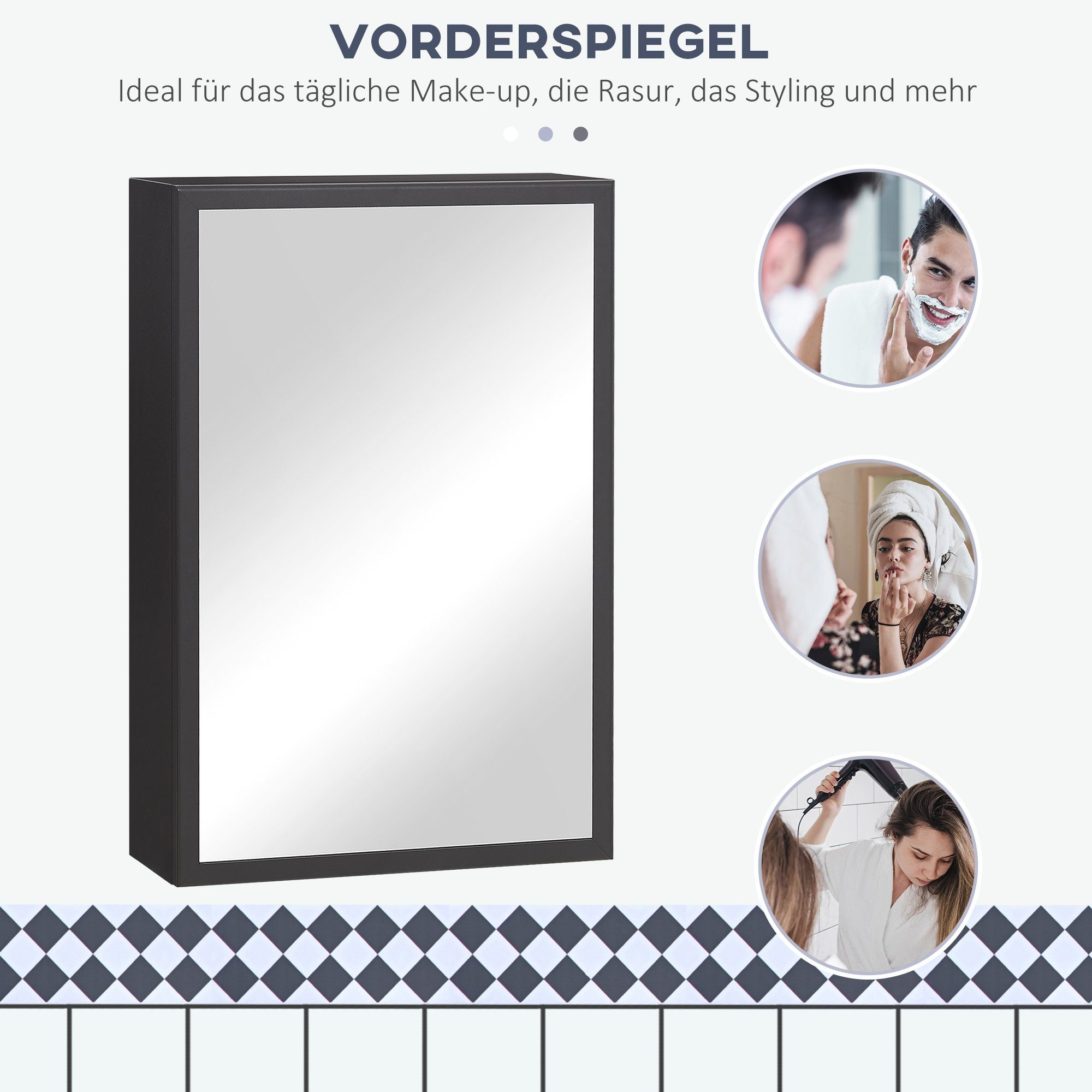 Kleankin Spiegelschrank Badspiegelschrank mit 3 Schichten (Hängeschrank, 1-St., Wandschrank für Badezimmer) Edelstahl, Schwarz, 40 x 15 x 60 cm