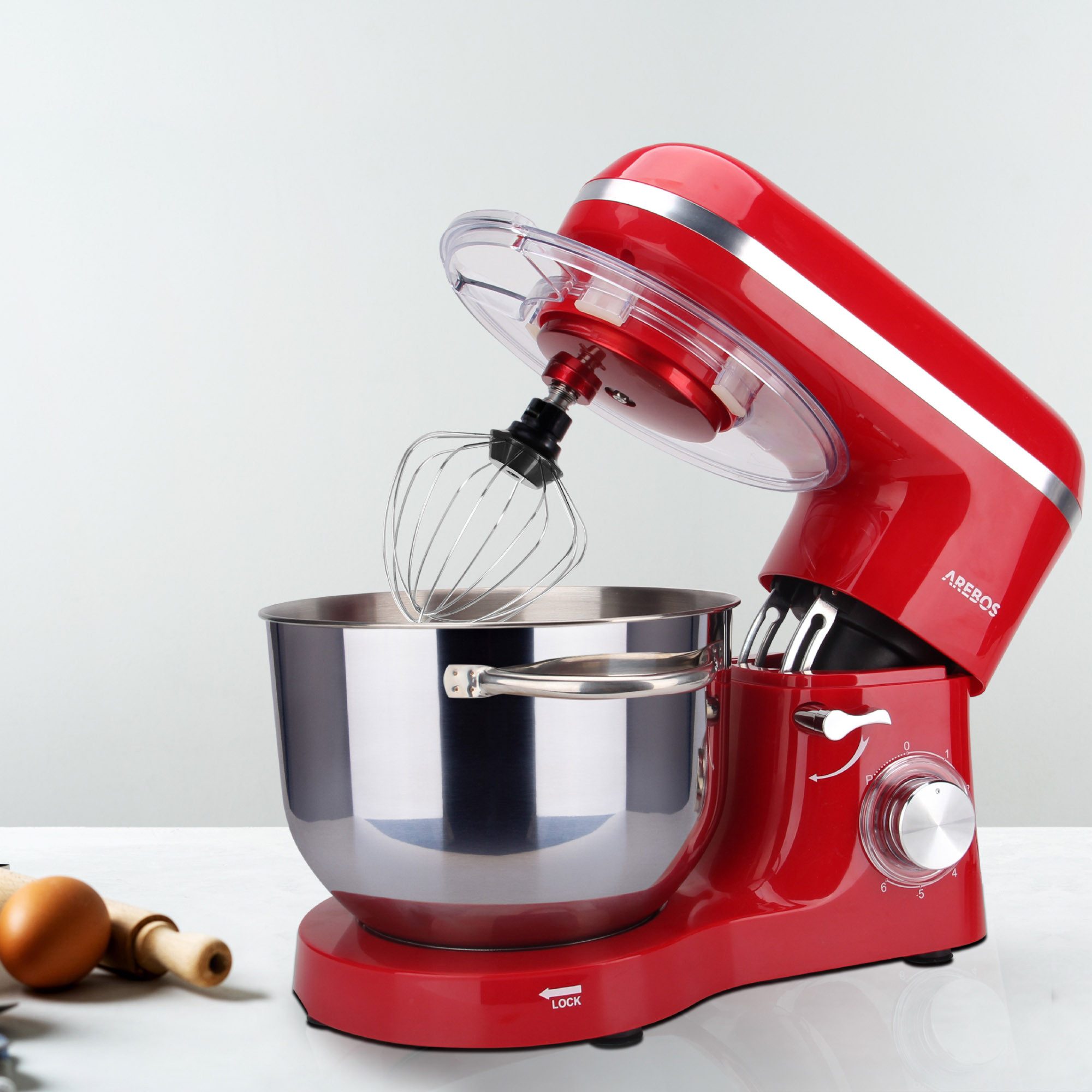 Arebos Küchenmaschine 6L Edelstahl-Rührschüssel, 1500 W, inkl. Rührhaken, Knethaken, Schneebesen, Spritzschutz