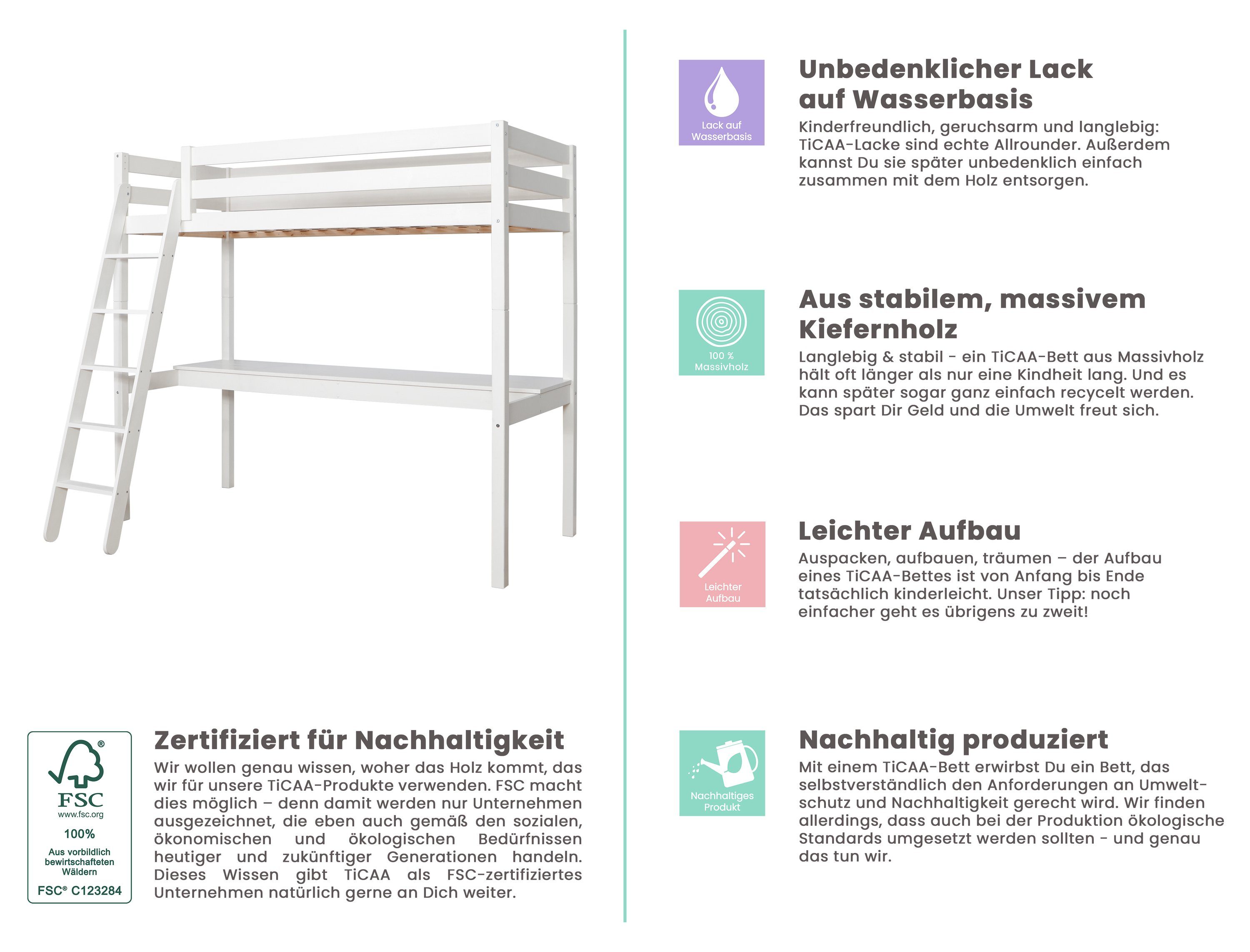 Ticaa loft bed “Felix” with desk, solid pine, optimal space utilization, desk surface dimensions L206 x W50 cm