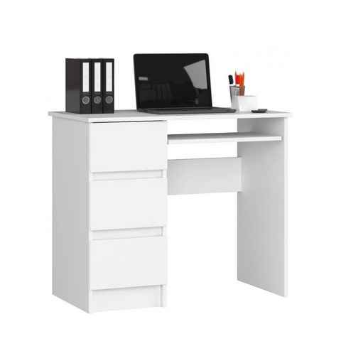 Roysson Home Computertisch Computertisch Schreibtisch 90cm 3 Schubladen Links Weiß ZEUS