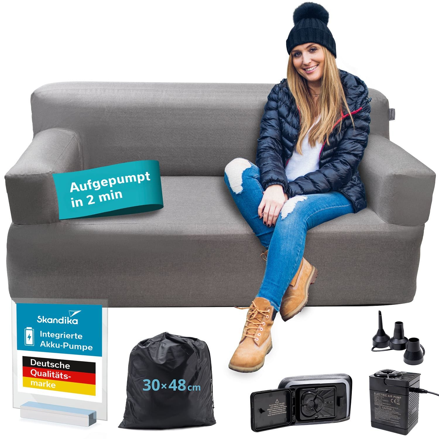 Skandika Luftsofa Easy Air Premium, Aufblasbares Sofa Outdoor, Tragetasche, (Bezug abnehmbar, Maschinenwäsche, Schonprogramm 30 °C, mit Tragetasche), 2 Personen, mit Elektropumpe, USB-C Ladekabel, 200 kg belastbar
