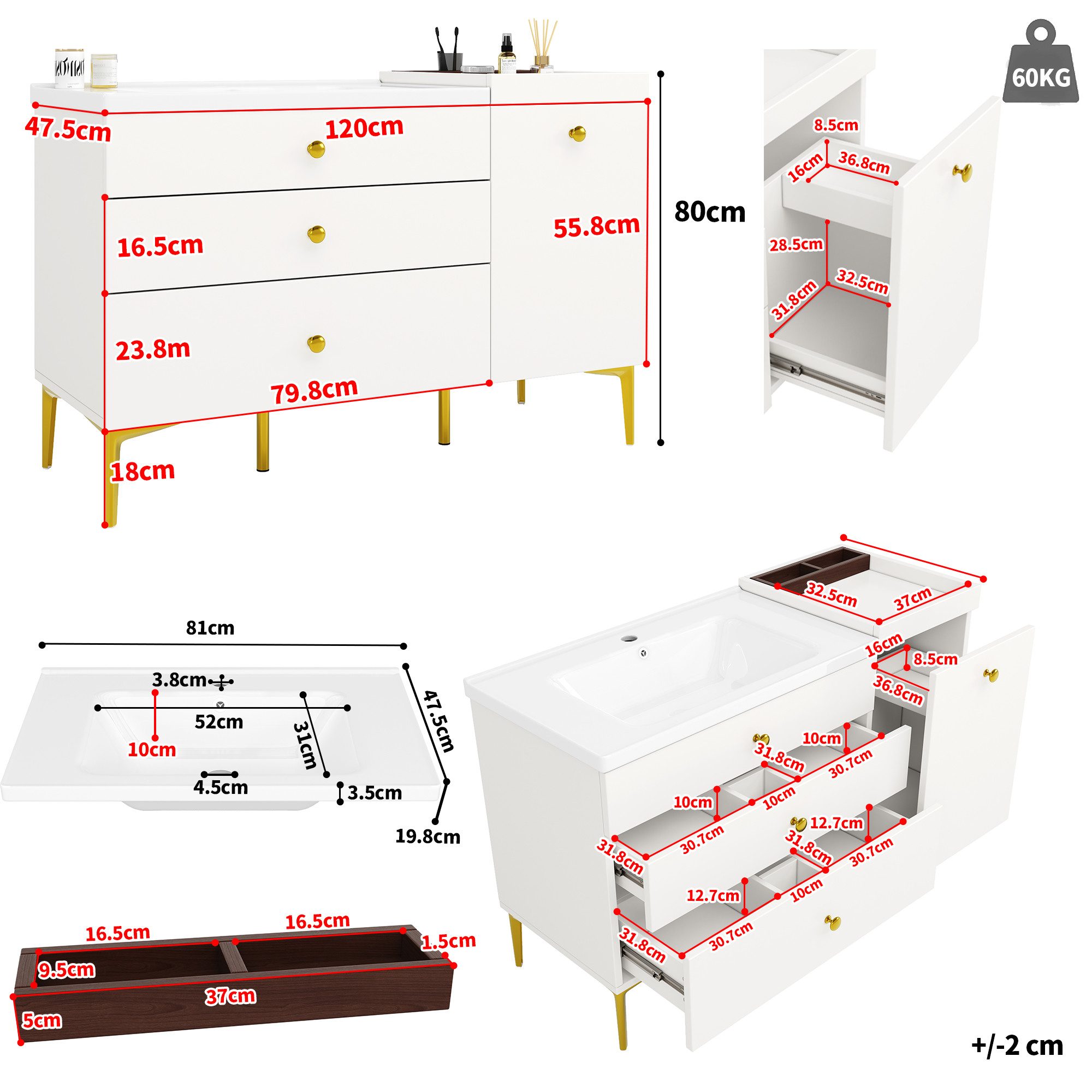 Flieks Waschtisch mit 3 Schubladen und abnehmbarer Aufbewahrungsbox (B120/T47,5/H80 cm, 1-St., bodenstehend Badzimmerschrank Waschplatz mit vergoldeten Metallfü – Bild 4 von 5