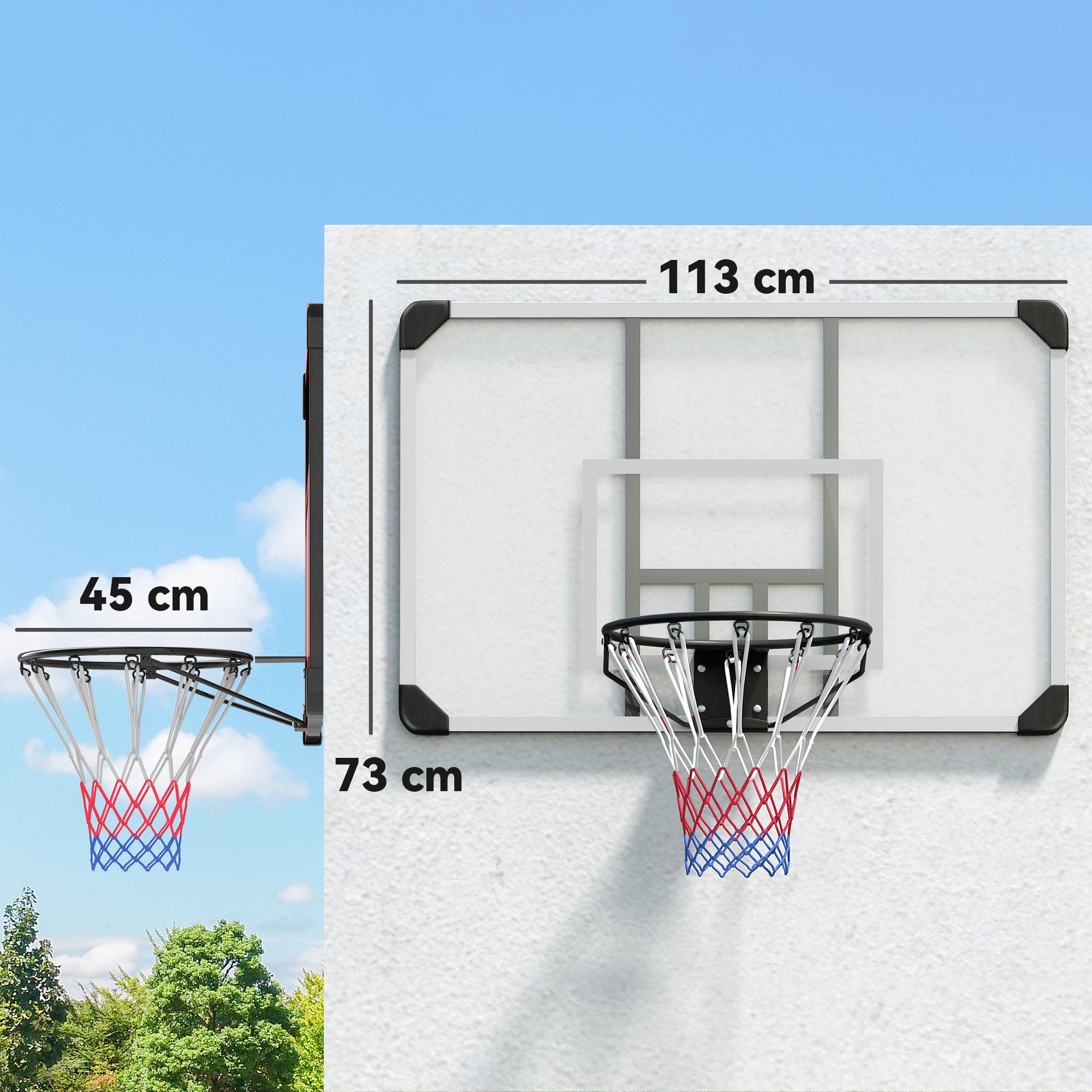 SPORTNOW Basketballständer mit Korb, Basketballnetz, Basketballboard, Wandmontage (Basketballkorb, 1-St., Basketballbrett mit Korb), für Outdoor, Stahl, 113 x 61 x 73 cm, Weiß