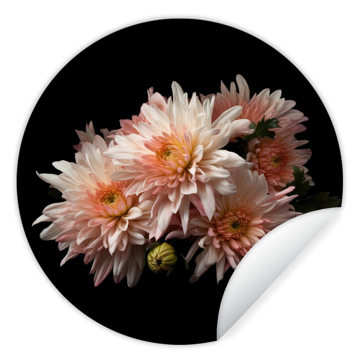 MuchoWow Wandsticker Chrysantheme - Blumen - Weiß - Natur - Schwarz (1 St), Tapetenkreis für Kinderzimmer, Tapetenaufkleber, Rund, Wohnzimmer