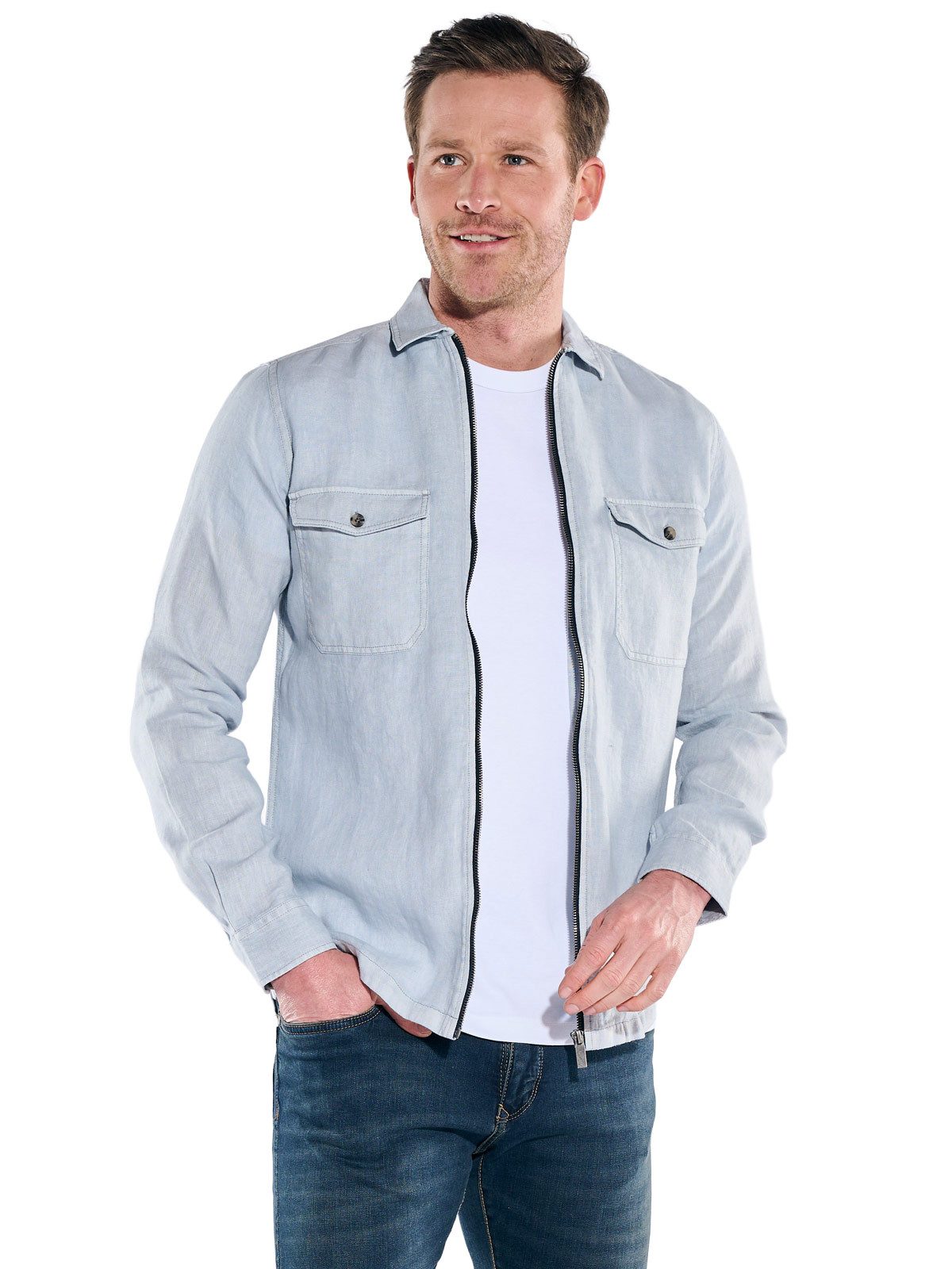 Engbers Langarmhemd Herren Leinen Overshirt mit Zipper, Hellblau
