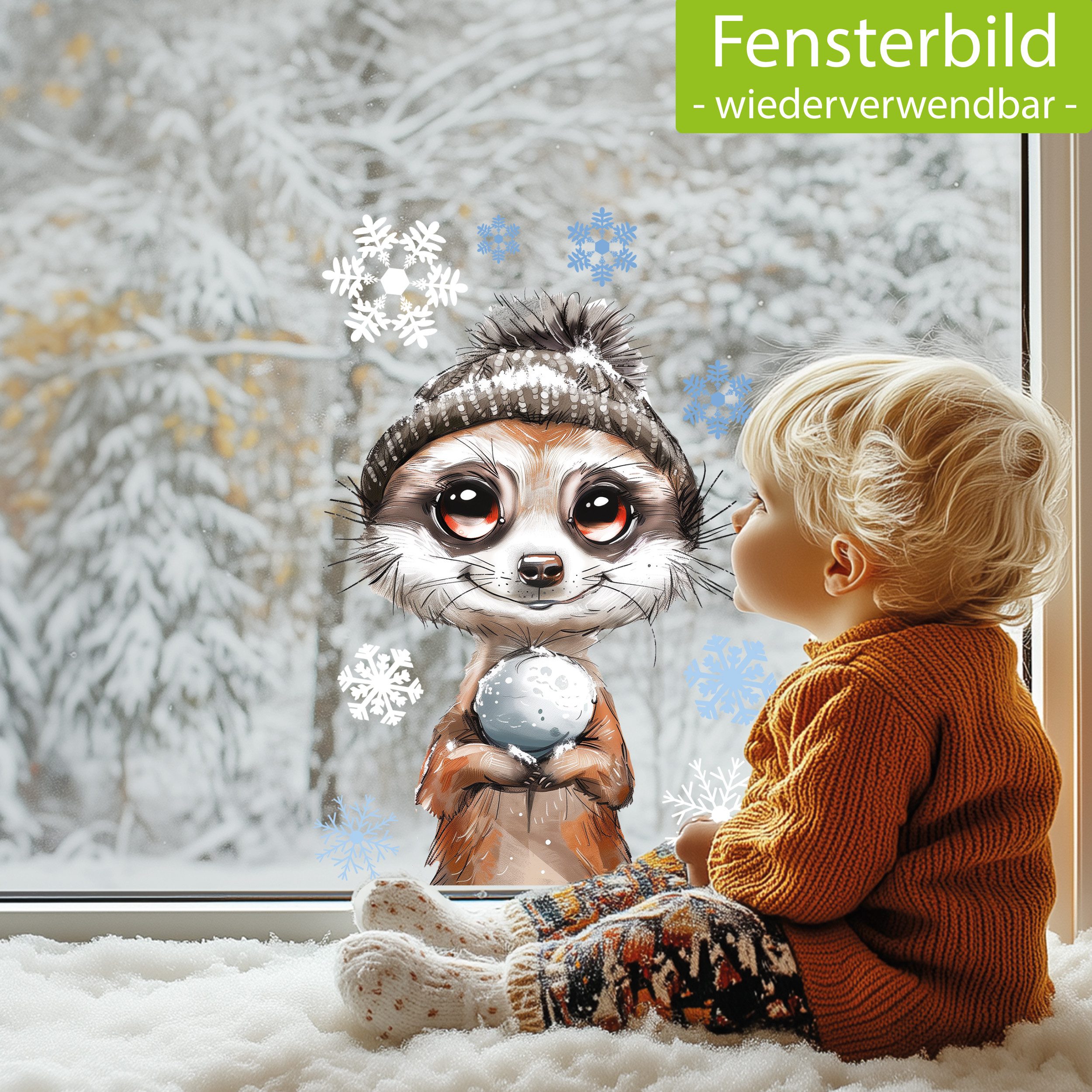 Sunnywall Fensterdekoration Kinderzimmer Fensterbild Winter Erdmännchen, wiederverwendbar, statisch haftend, beidseitiger Druck