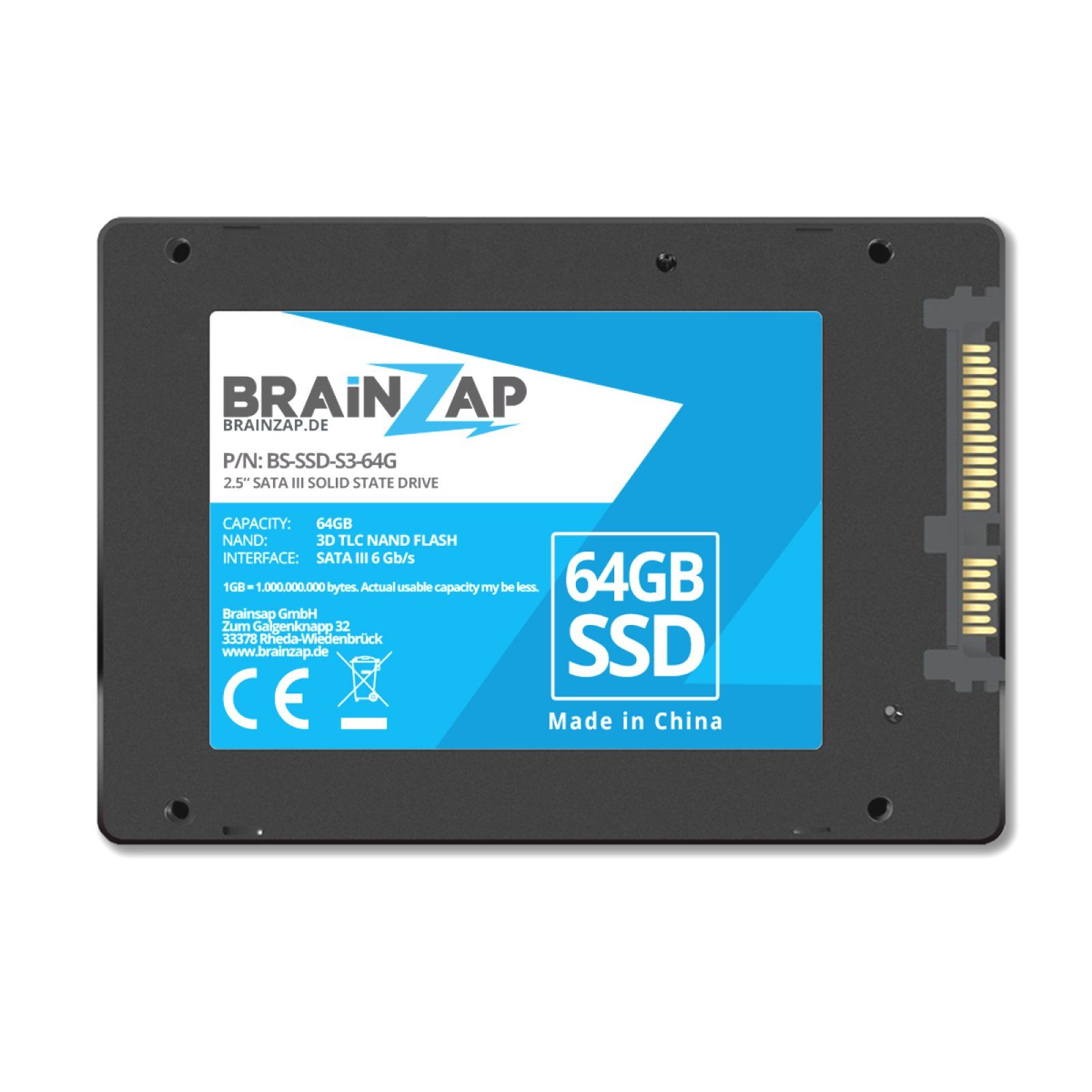 BRAINZAP SATA III SSD interne SSD (64 GB) 2,5 Zoll" 300 MB/S Lesegeschwindigkeit, 250 MB/S Schreibgeschwindigkeit, 3D TLC NAND FLASH, 2.5