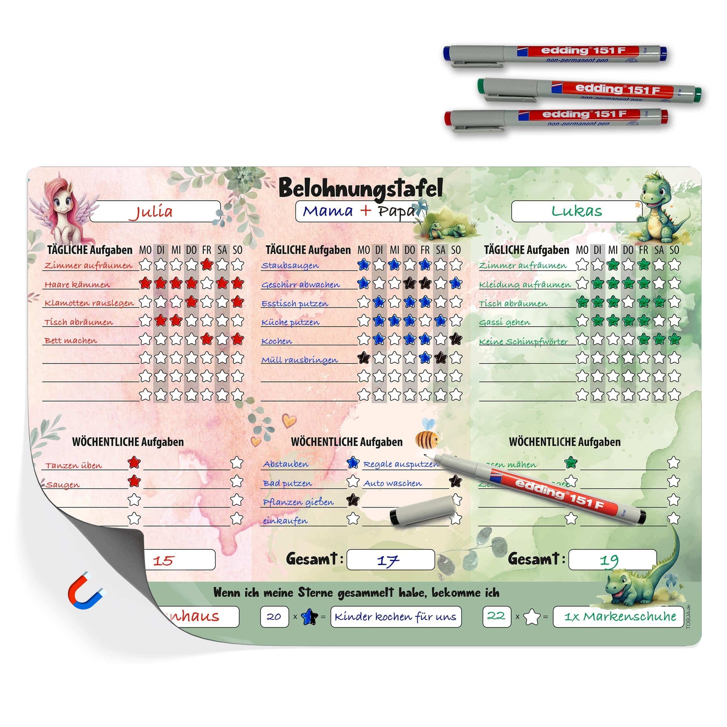 TOBJA Magnettafel A3 Belohnungstafel [Einhorn, Dino] +4 Stifte Kinder magnetisch, (Set), Belohnungssystem magnetisch inkl. 4 Bunte Markenstifte