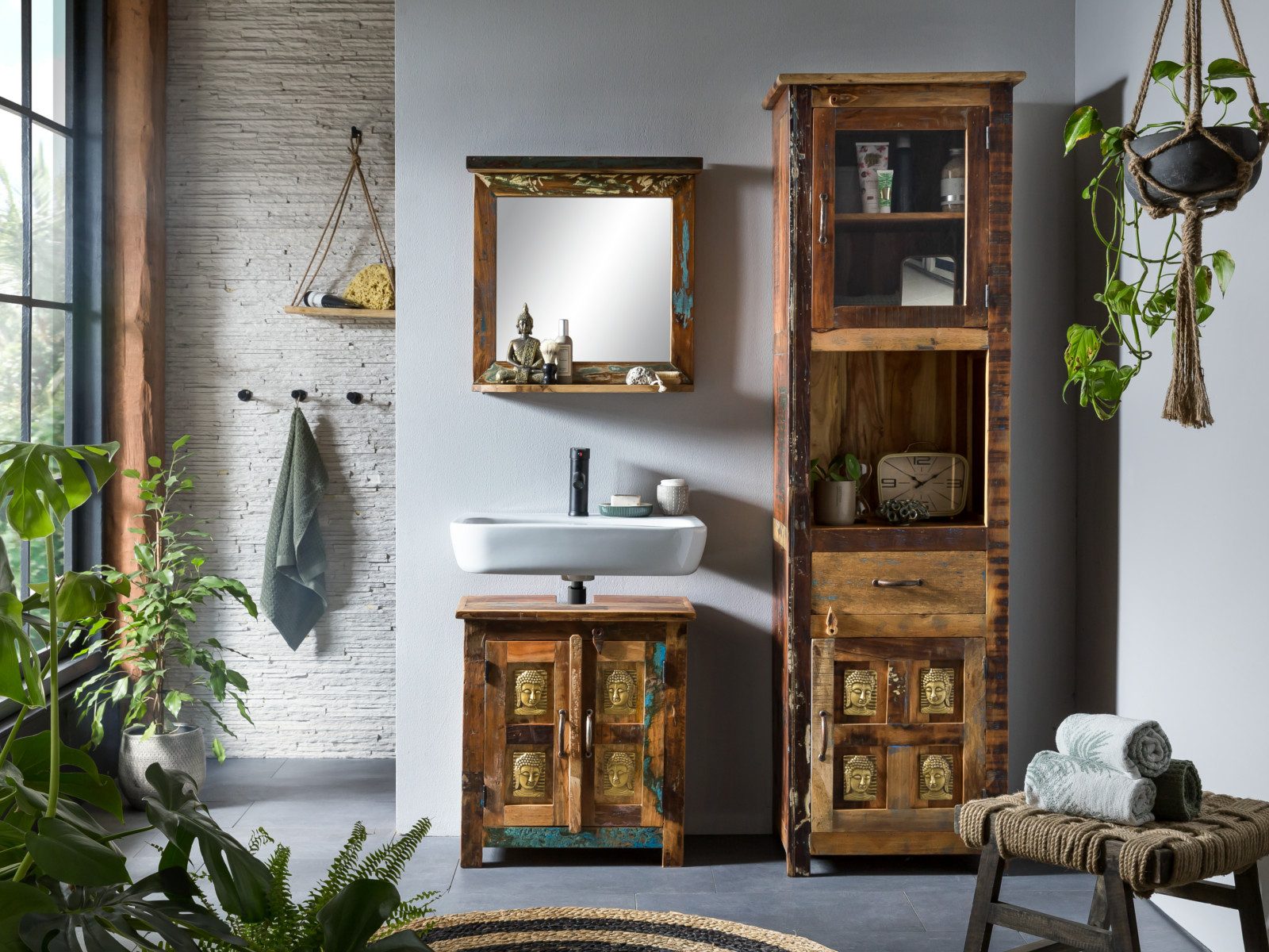 massivum Badmöbel-Set Sumana massiv rustikal Boho Badezimmer Möbel