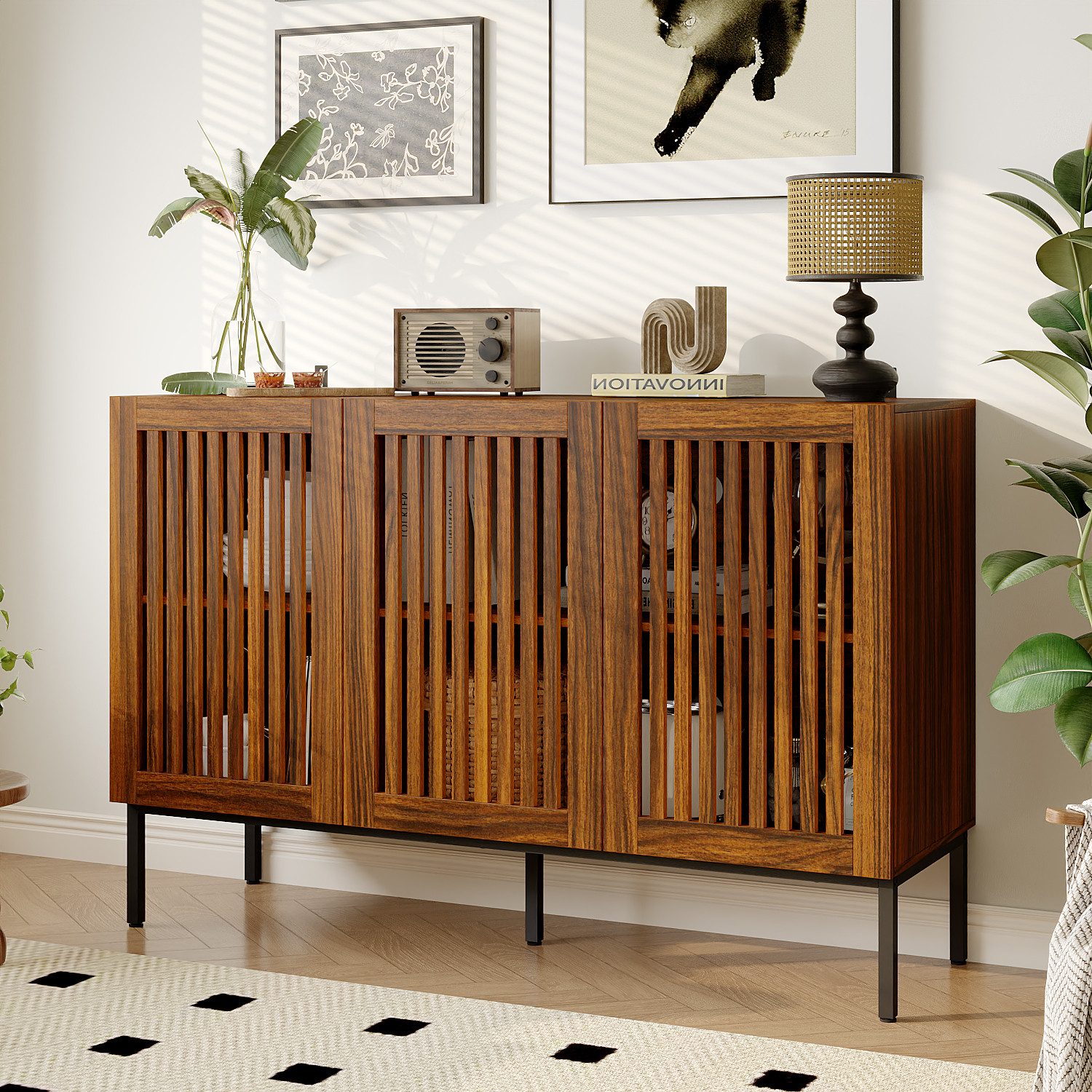 FUFU&GAGA Sideboard mit 3 Türen, Walnussfarbenes Sideboard mit Gittermuster günstig online kaufen