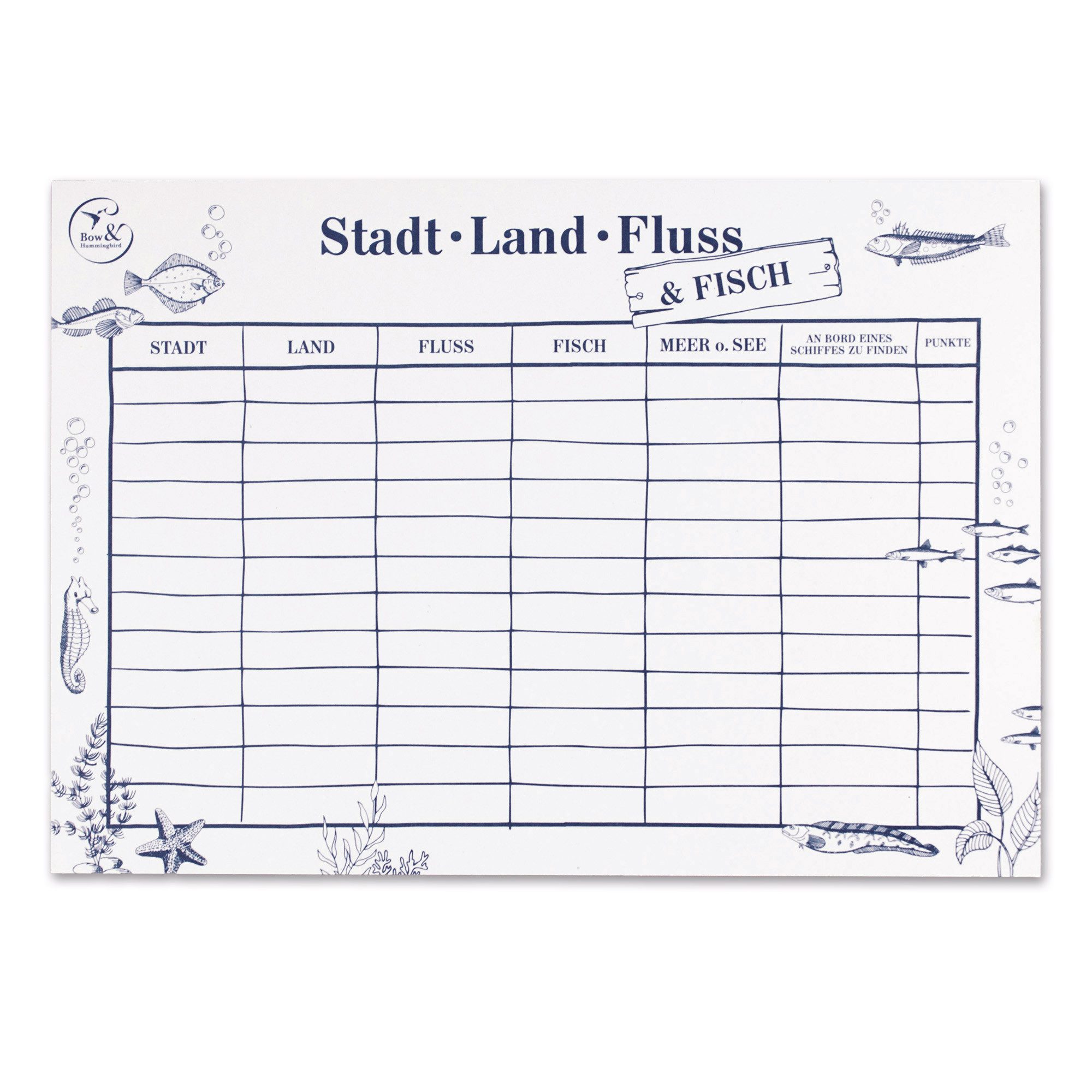 Bow & Hummingbird Spiel Spielblock Stadt, Land, Fluss & Fisch, Spielblock, 100 % Recyclingpapier