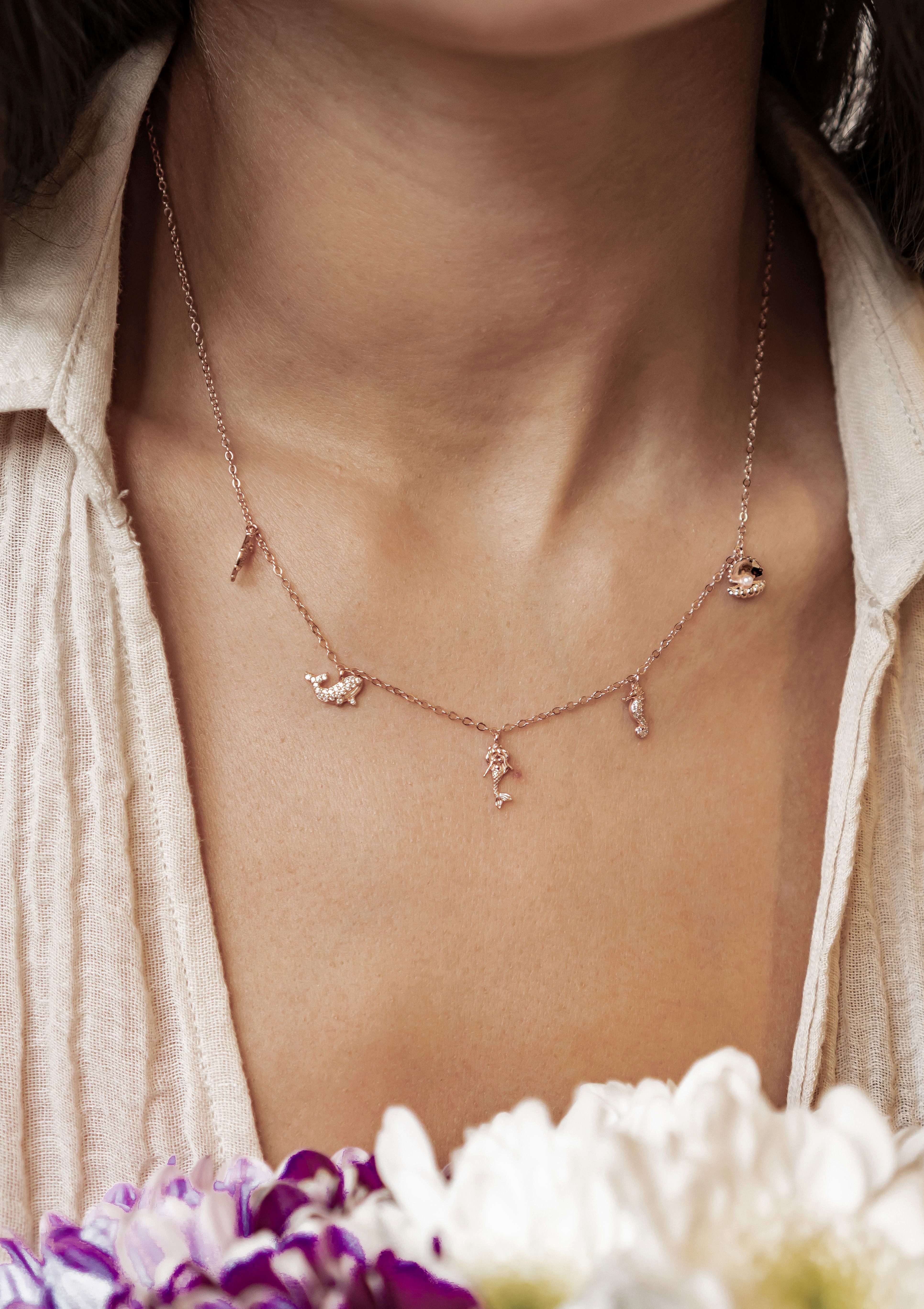 Hey Happiness Charm-Kette mit maritimen Anhängern, mit Zirkonia, Damen Silberkette aus 925 Silber vergoldet, Meer-Motiven