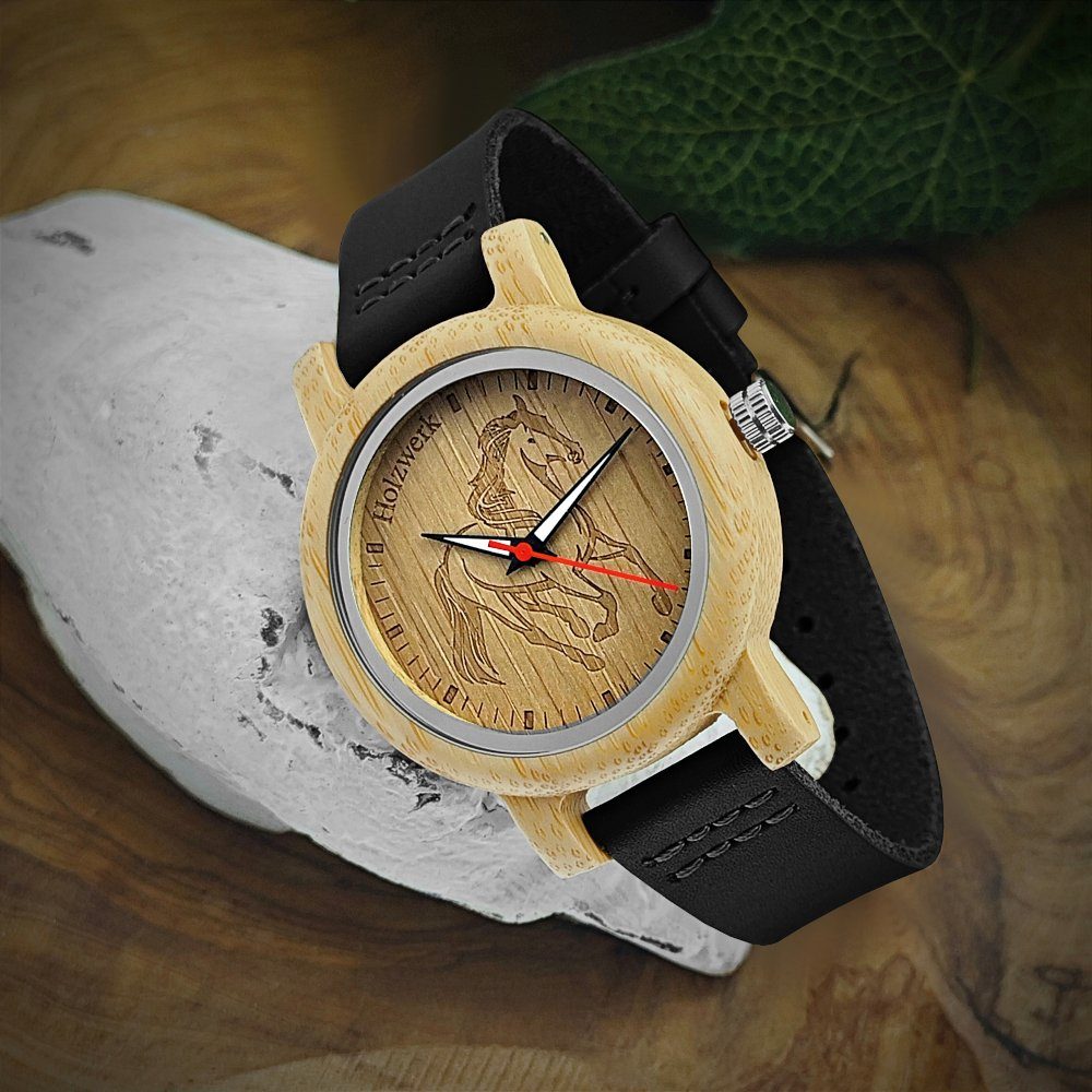 Holzwerk Quarzuhr LIL TORI BLACK Kinder Leder & Holz Armband Uhr, Pferd Motiv, schwarz
