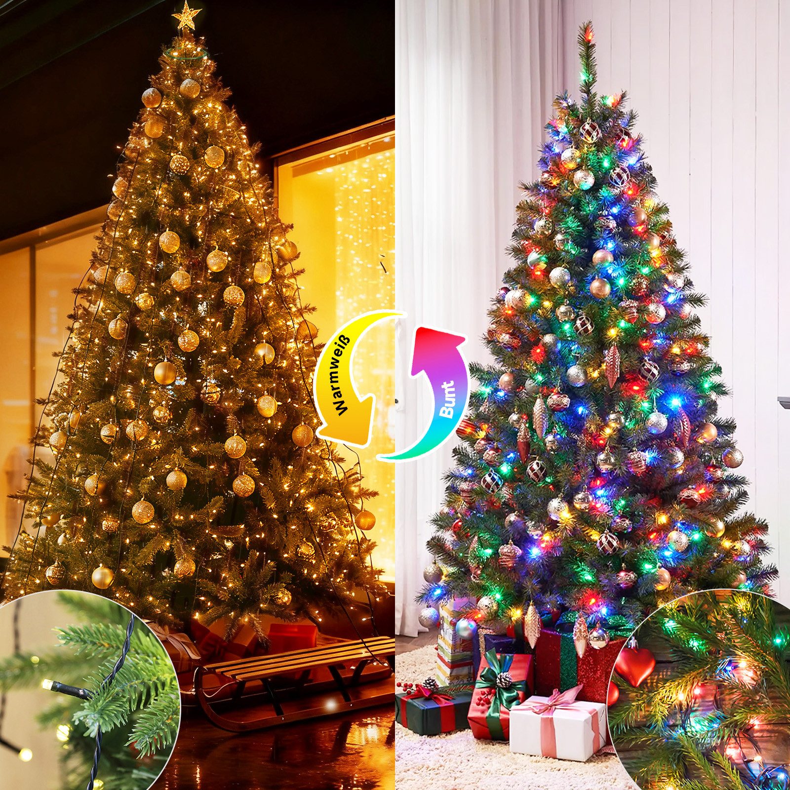Salcar LED-Lichterkette LED Weihnachtsbaum Lichterkette – Warmweiß & Bunt umschaltbar, 2m 280 LED 9 Modi mit 8 Girlanden für 150cm - 240cm Tannenbaum