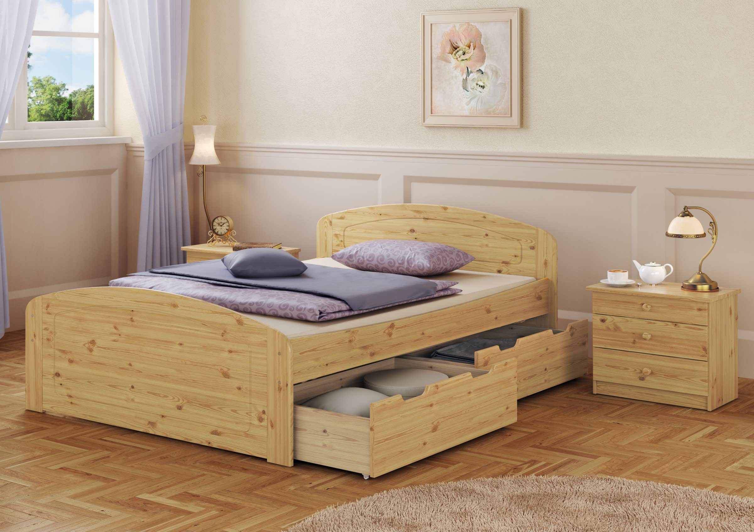 ERST-HOLZ Bett Doppelbett 2 Rollrost Kieferfarblos + 160x200 lackiert Staukästen, 3 Matratzen + 