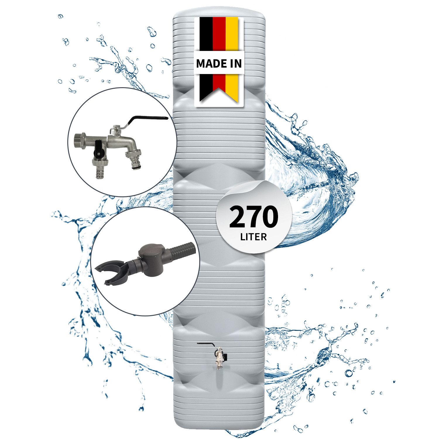4rain Regentonne QUADRO Regentonne Wandtank Komplett-Set 270 L, betongrau, 270 l