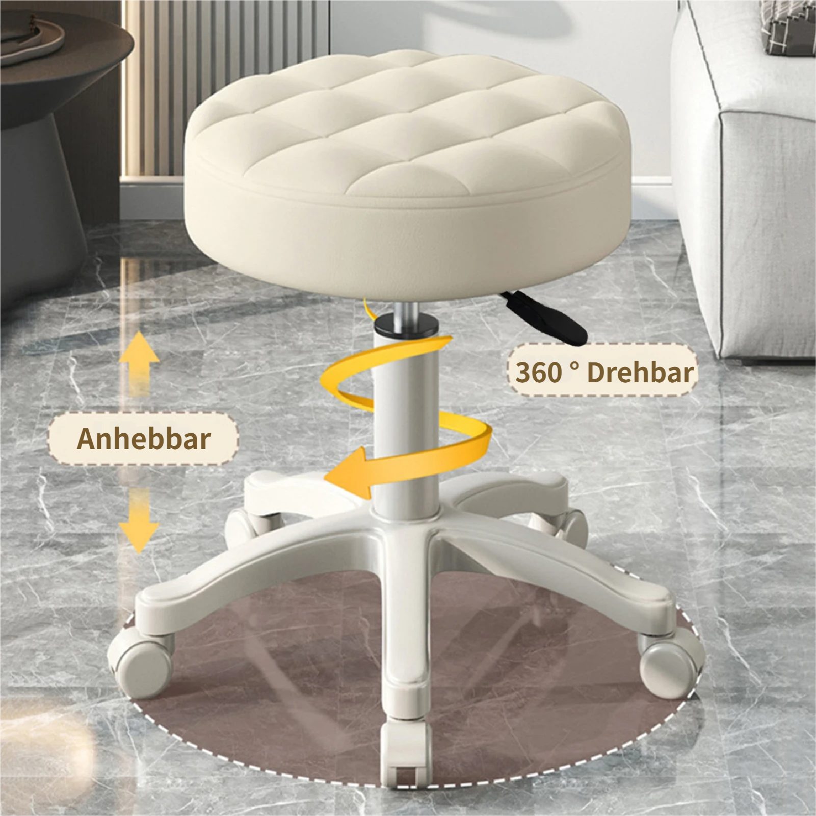 Rutaqian Drehhocker Rollhocker mit 5 Rollen,Runder Arbeitshocker Höhenverstellbar 35-53 cm (1 x Rollsitz 360° Drehba), 360° Drehbar Bürostuhl, Kleiner Drehstuhl Schminkstuhl für Homeoffice