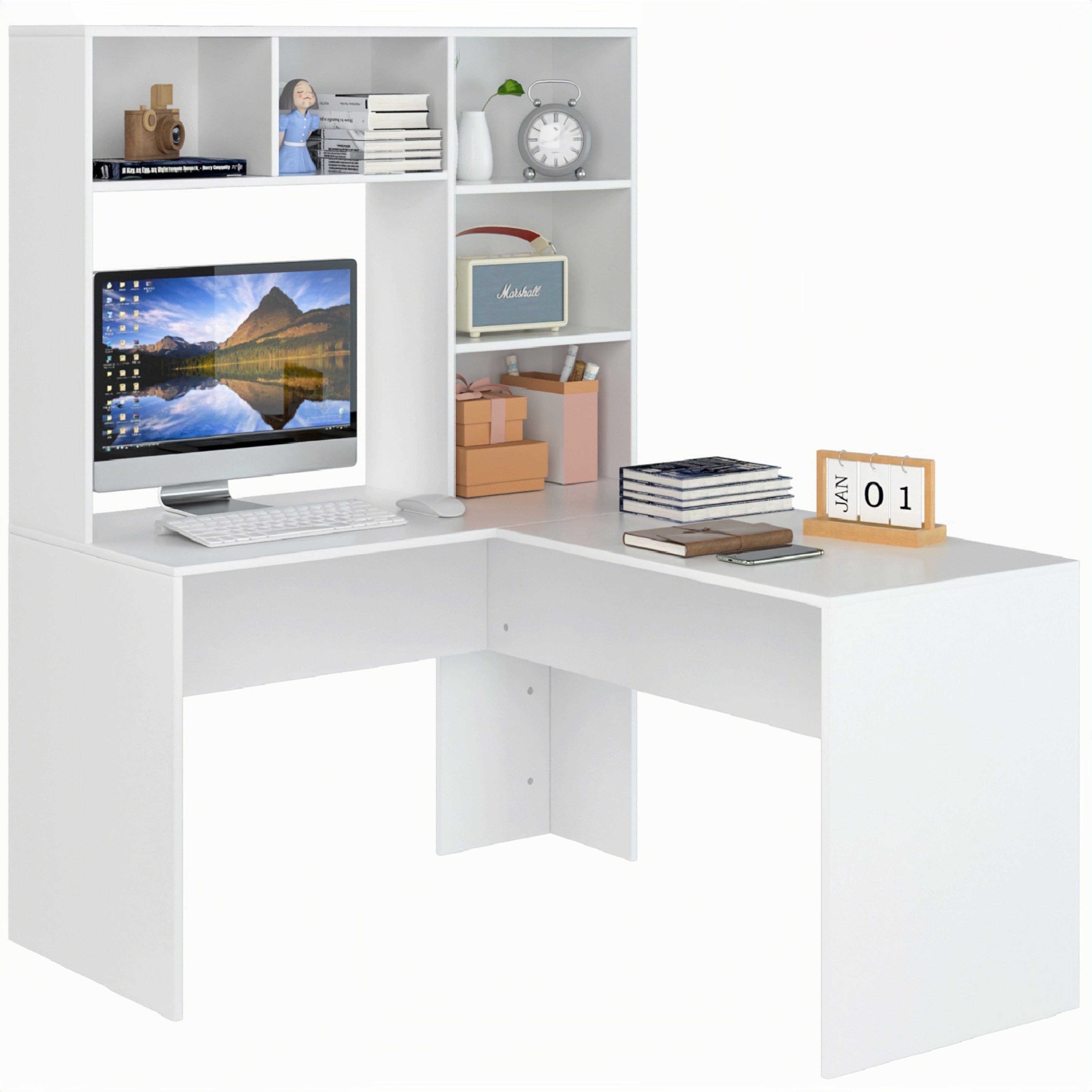 Homfa Schreibtisch, Eckschreibtisch L-förmig, Computertisch Bürotisch weiß 152cm