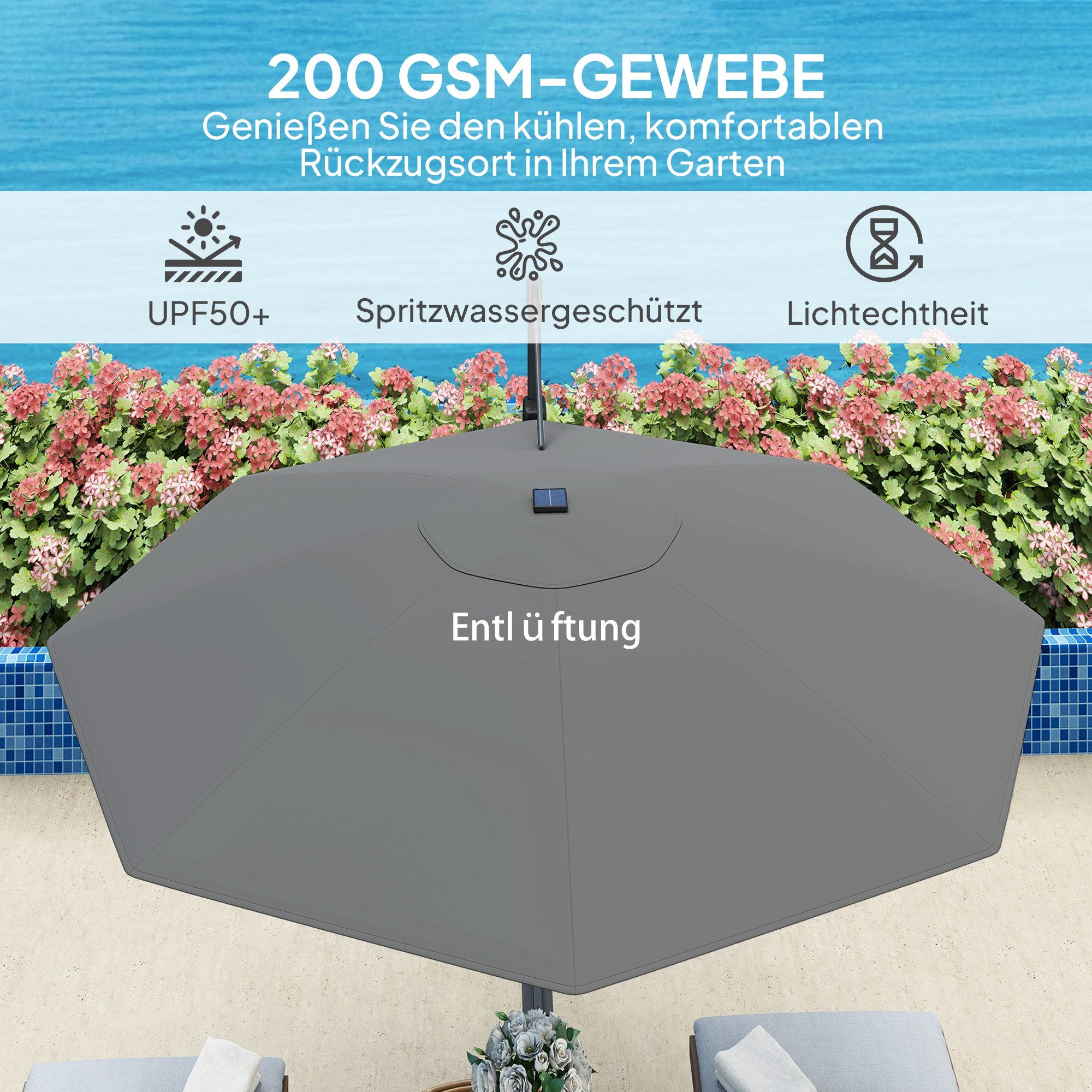 Outsunny Sonnenschirm mit Solar LED, Kurbel, Ständer, UV50+, 360° drehbar, LxB: 300x300 cm, Alu Ampelschirm, höhenverstellbar Marktschirm, Sonnenschutz für Garten, Balkon, Dunkelgrau